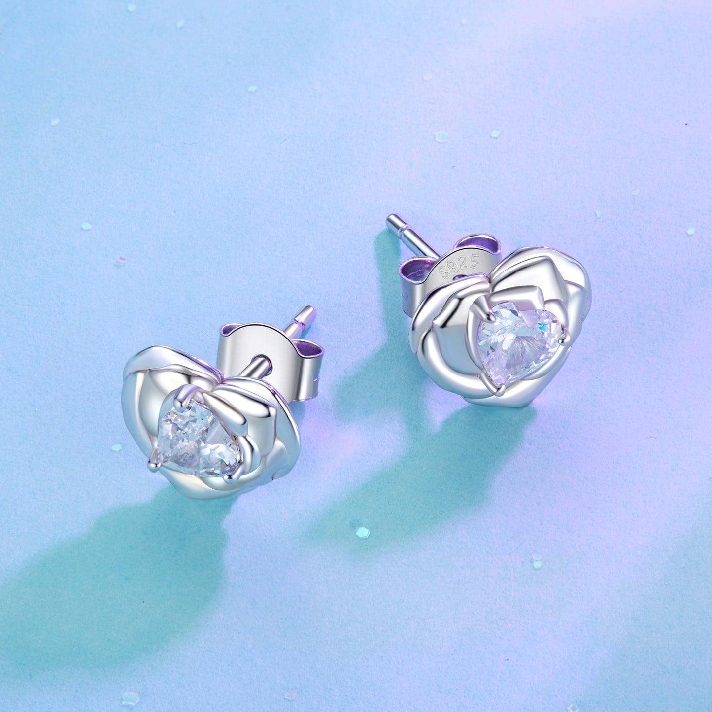 925 Sterling Silver Earrings with Pave Setting CZ and White Gold Plating