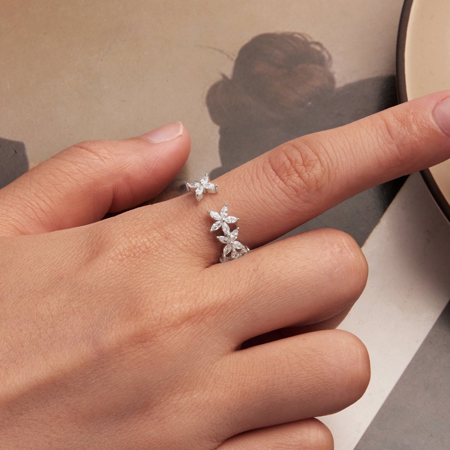 925 Sterling Silver White Gold Plated Pavé Setting CZ Flower Ring for Women