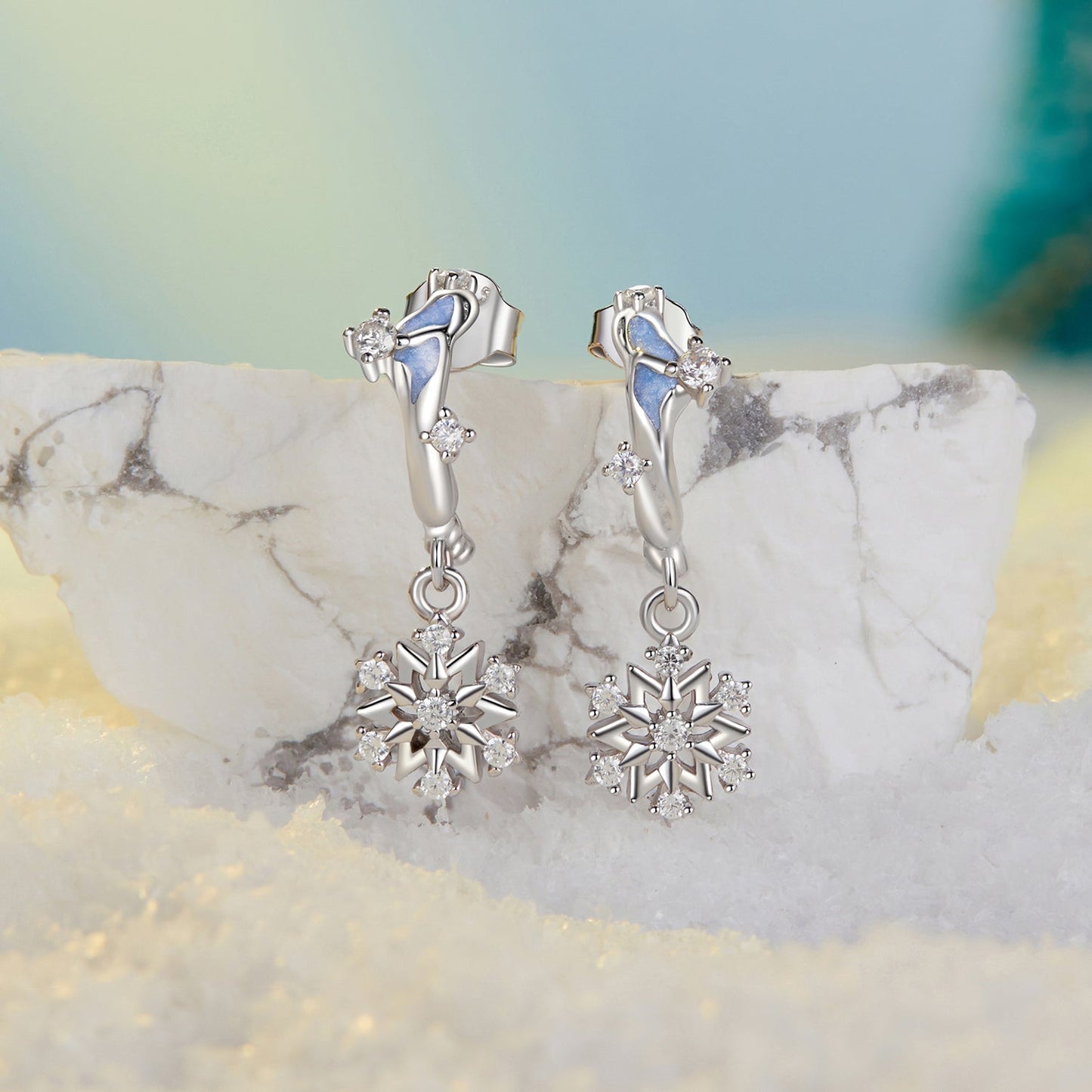 925 Sterling Silver Earrings with Plated White Gold, 2.2*0.7cm, Enamel + Pavé Setting for Women
