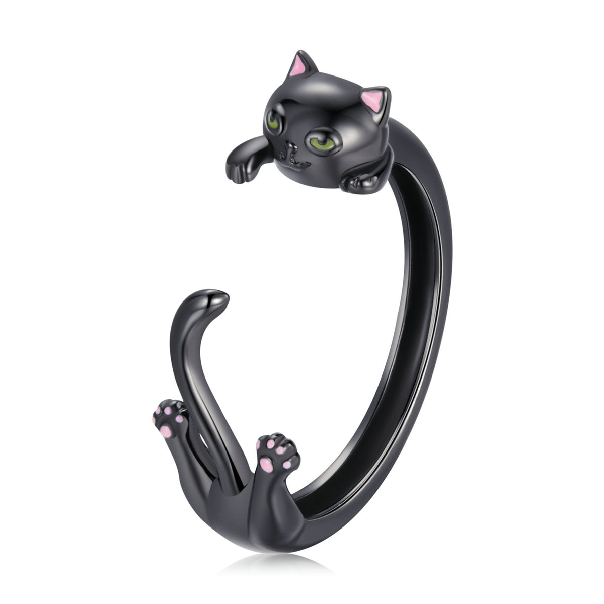S925 Sterling Silver Plated Black Gold Cat-themed Ring for Women