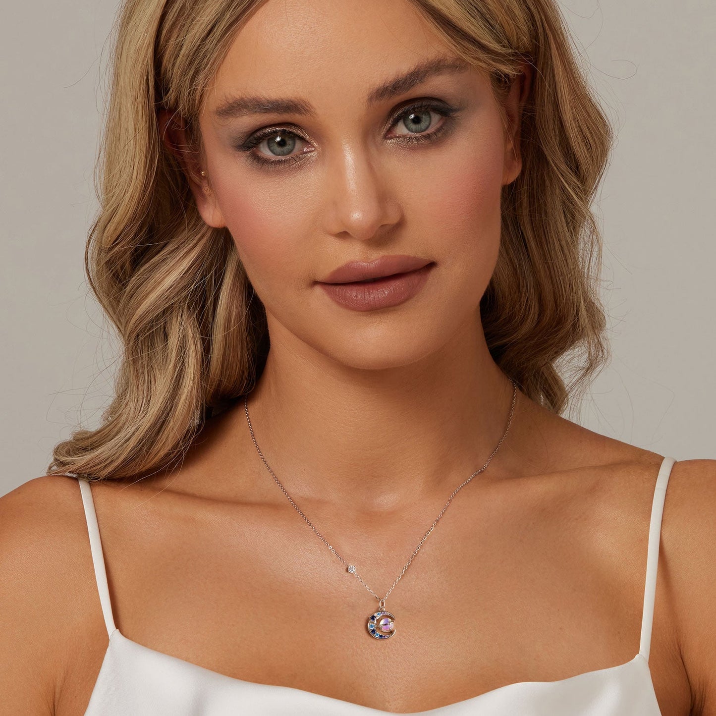 925 Sterling Silver Necklace with Pavé CZ & Transparent Glass Pendant for Women