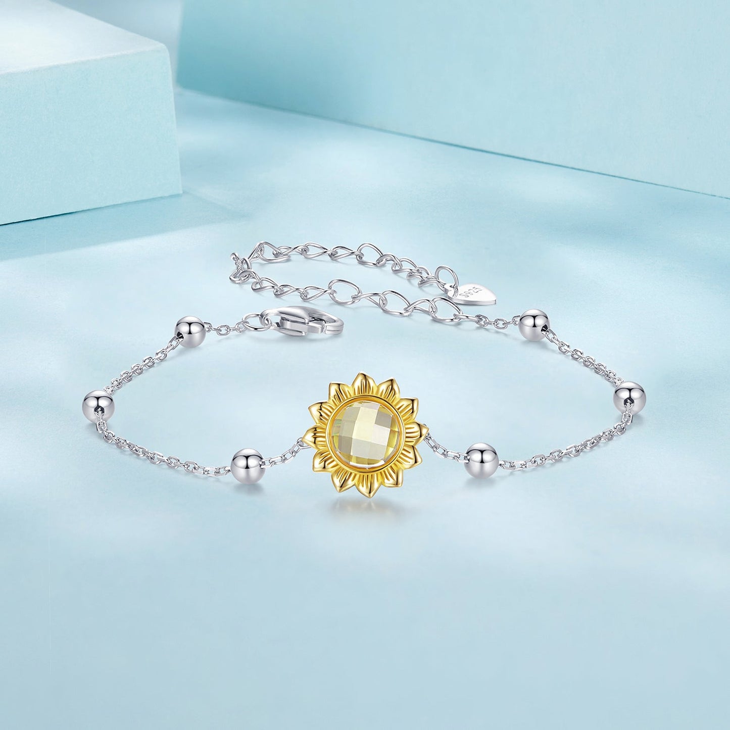 925 Sterling Silver White Gold Plated Bracelet with Transparent Glass Charm for Women