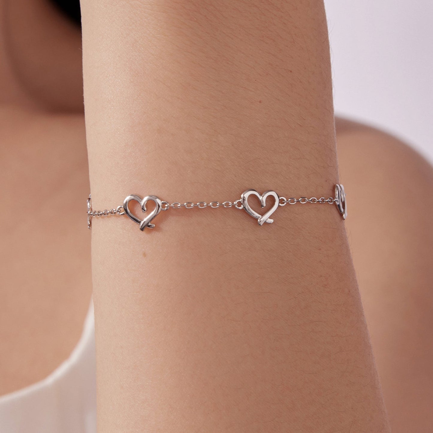 925 Sterling Silver 15+6cm 0.8cm Heart White Gold Plated Bracelet for Women