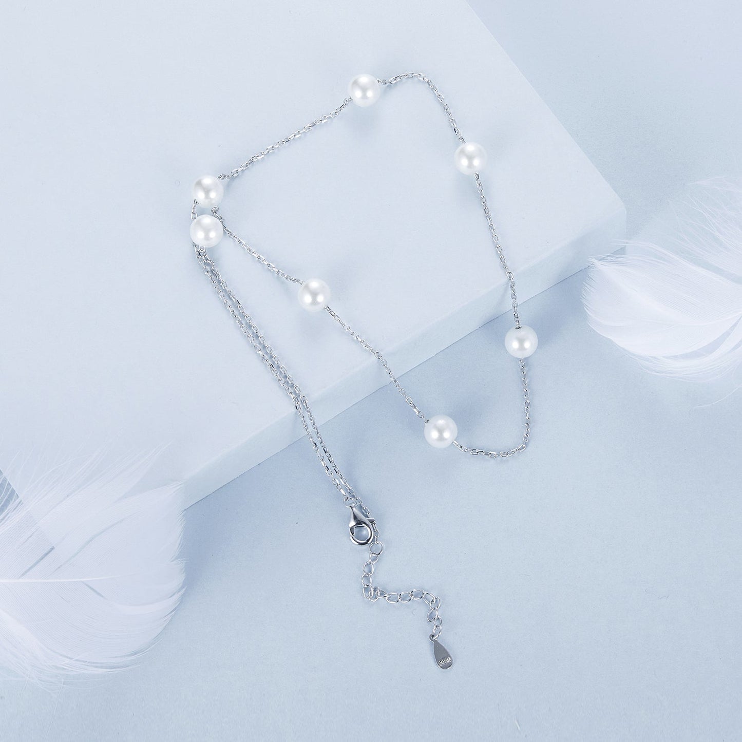 925 Sterling Silver White Gold Plated Necklace with Shell Pearl 400+50mm