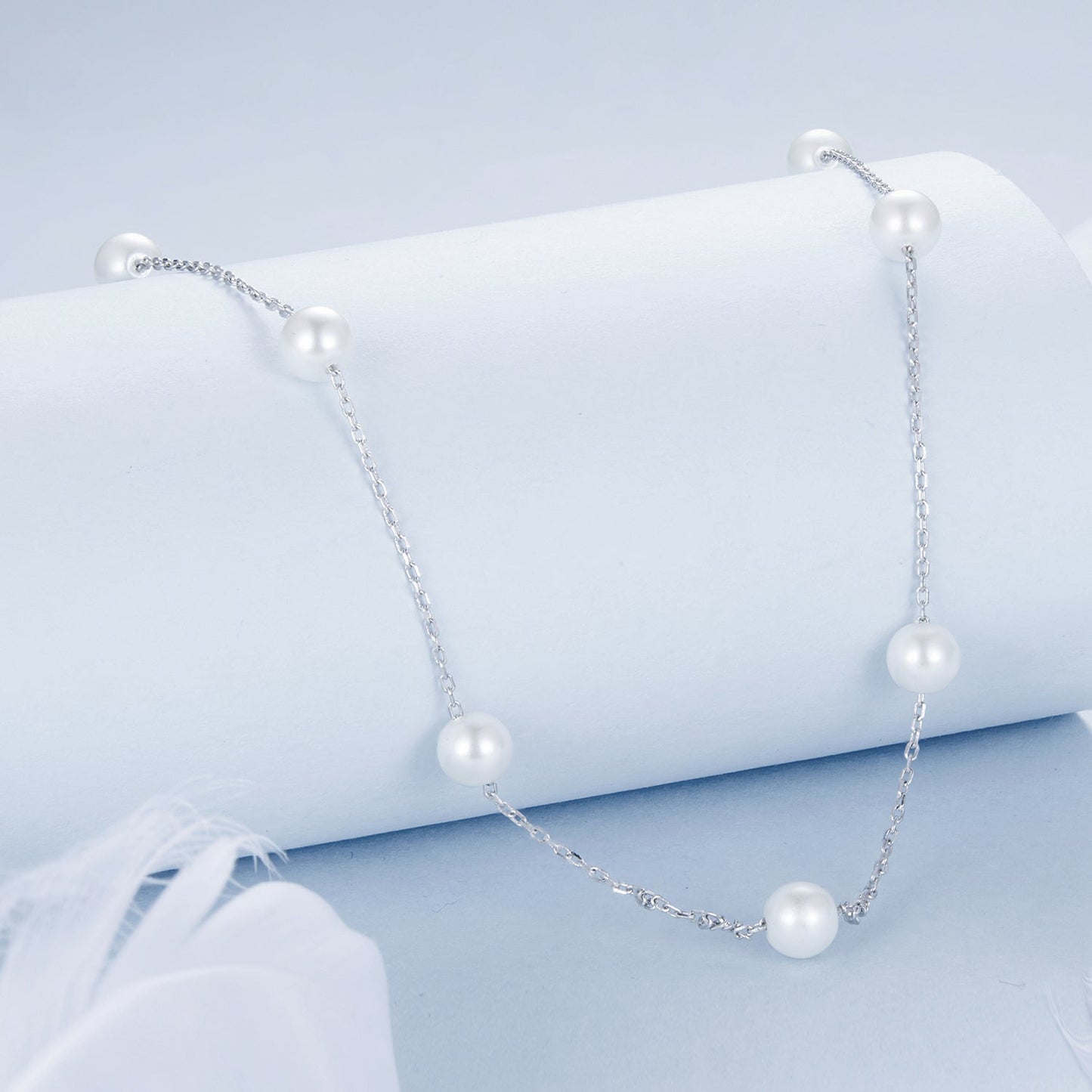 925 Sterling Silver White Gold Plated Necklace with Shell Pearl 400+50mm
