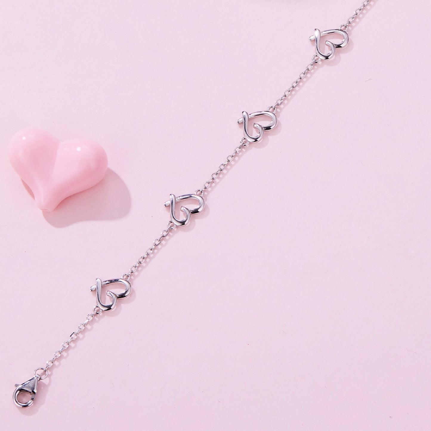 925 Sterling Silver 15+6cm 0.8cm Heart White Gold Plated Bracelet for Women