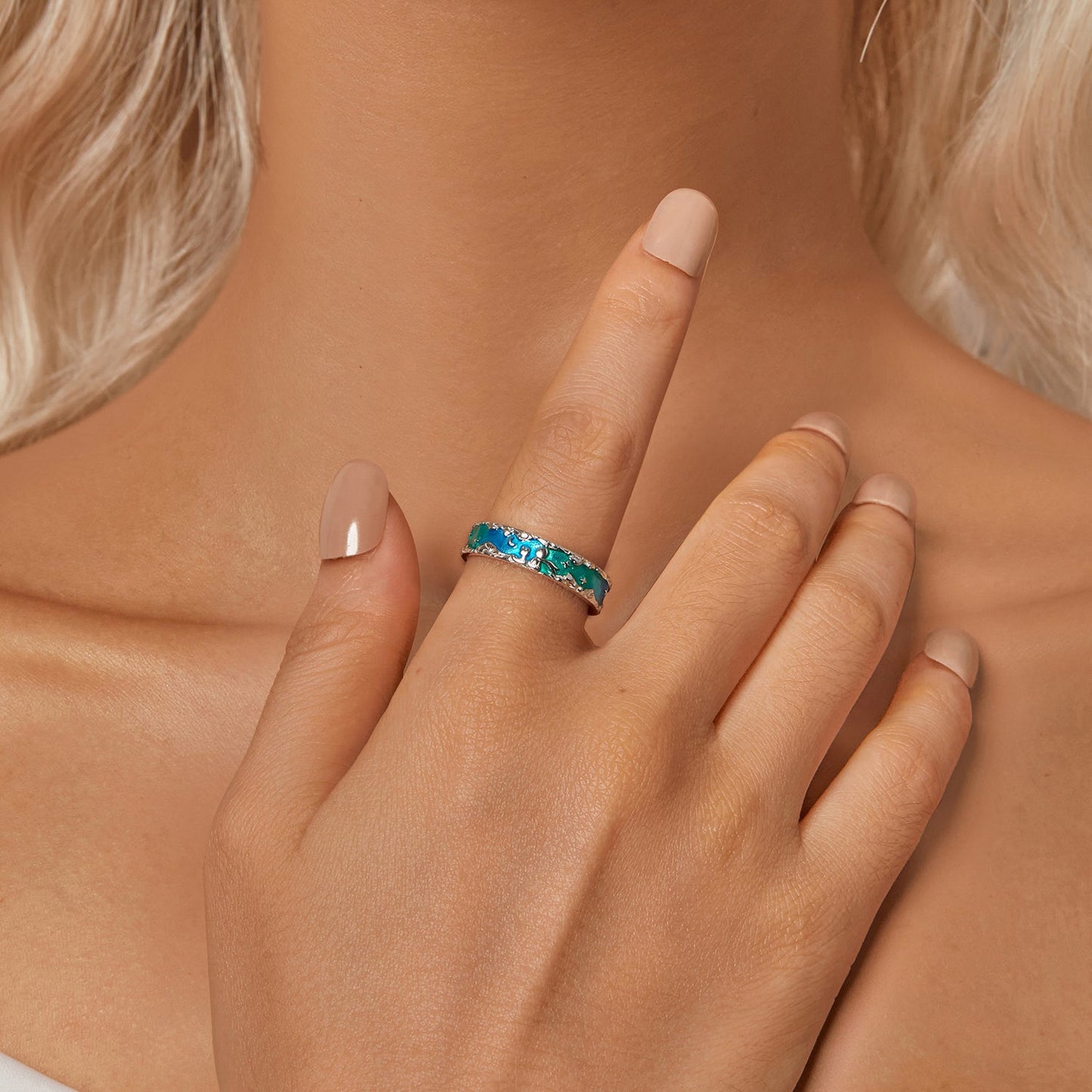 925 Sterling Silver Enamel White Gold Plated 5mm Ring