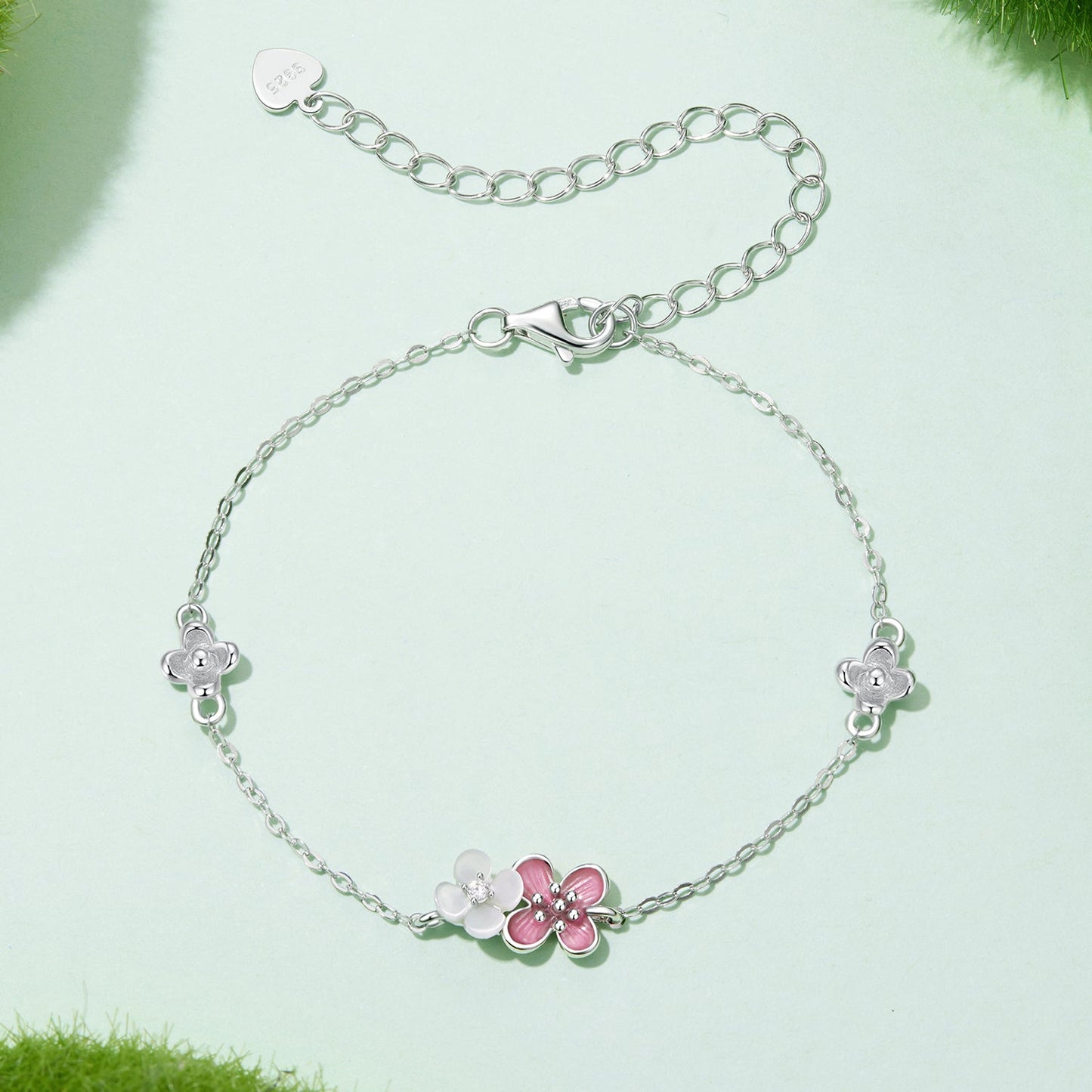 925 Sterling Silver Enamel Charm Bracelet with Pavé CZ, 15+6cm for Women