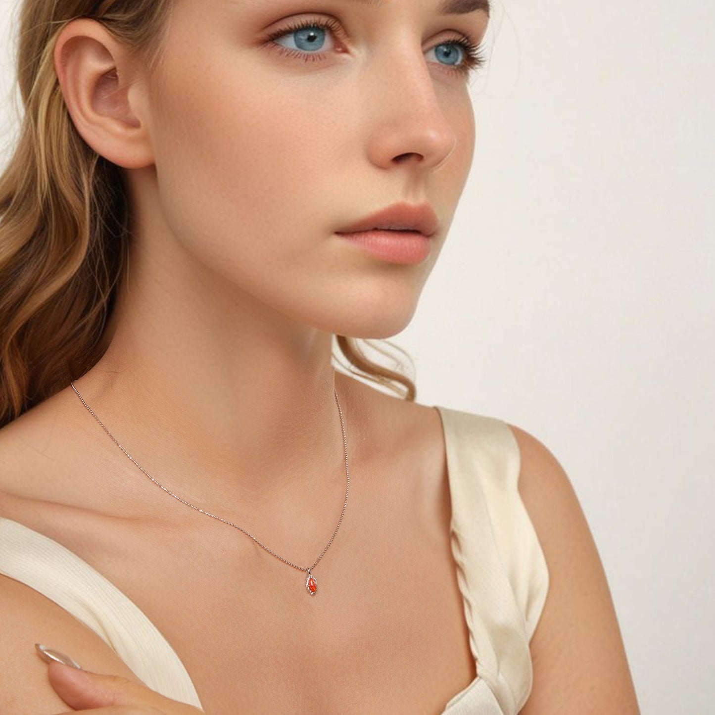 925 Sterling Silver Necklace with Synthetic Opal Pendant, 45cm, Plated White Gold for Women