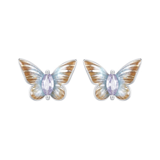 925 Sterling Silver Earrings with Enamel and Pavé Set CZ, 7x10mm, White Gold Plated for Women