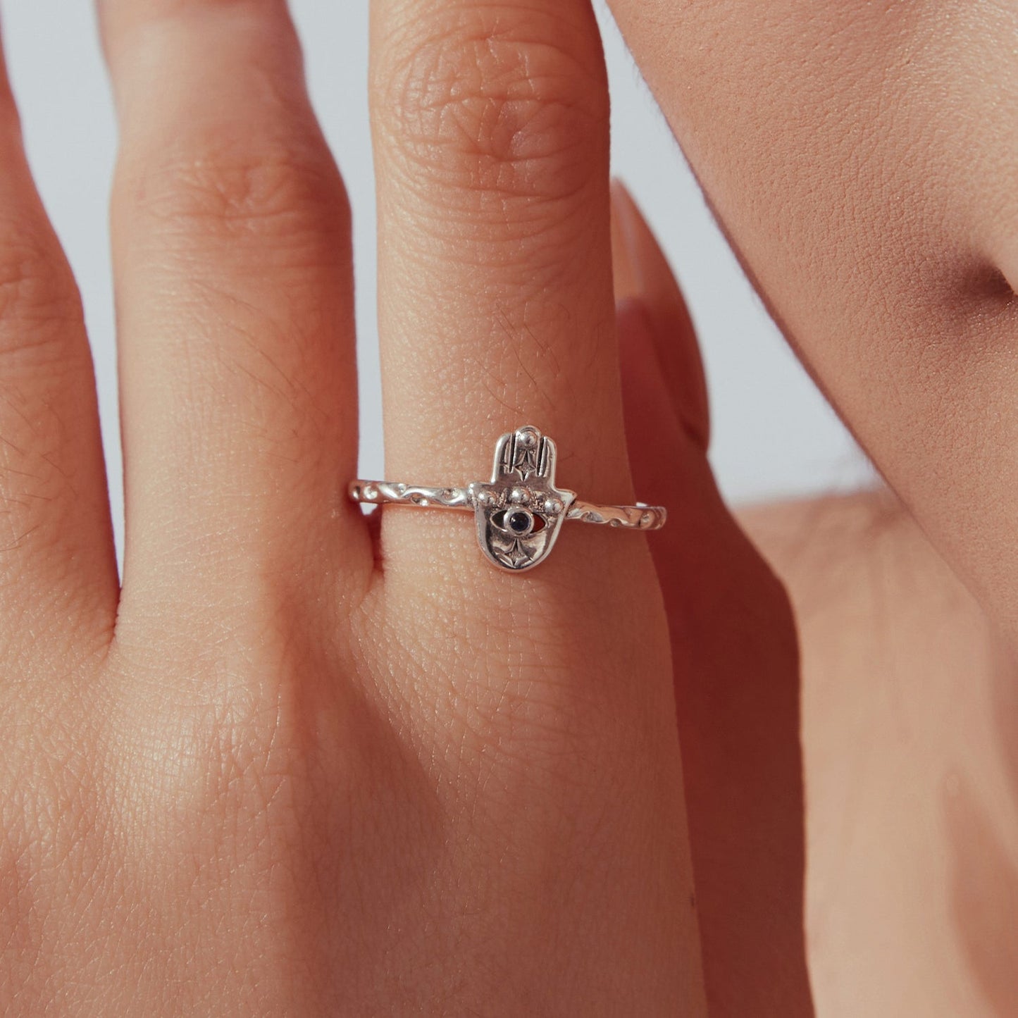 925 Sterling Silver Hamsa Hand Ring with Synthetic Spinel for Women