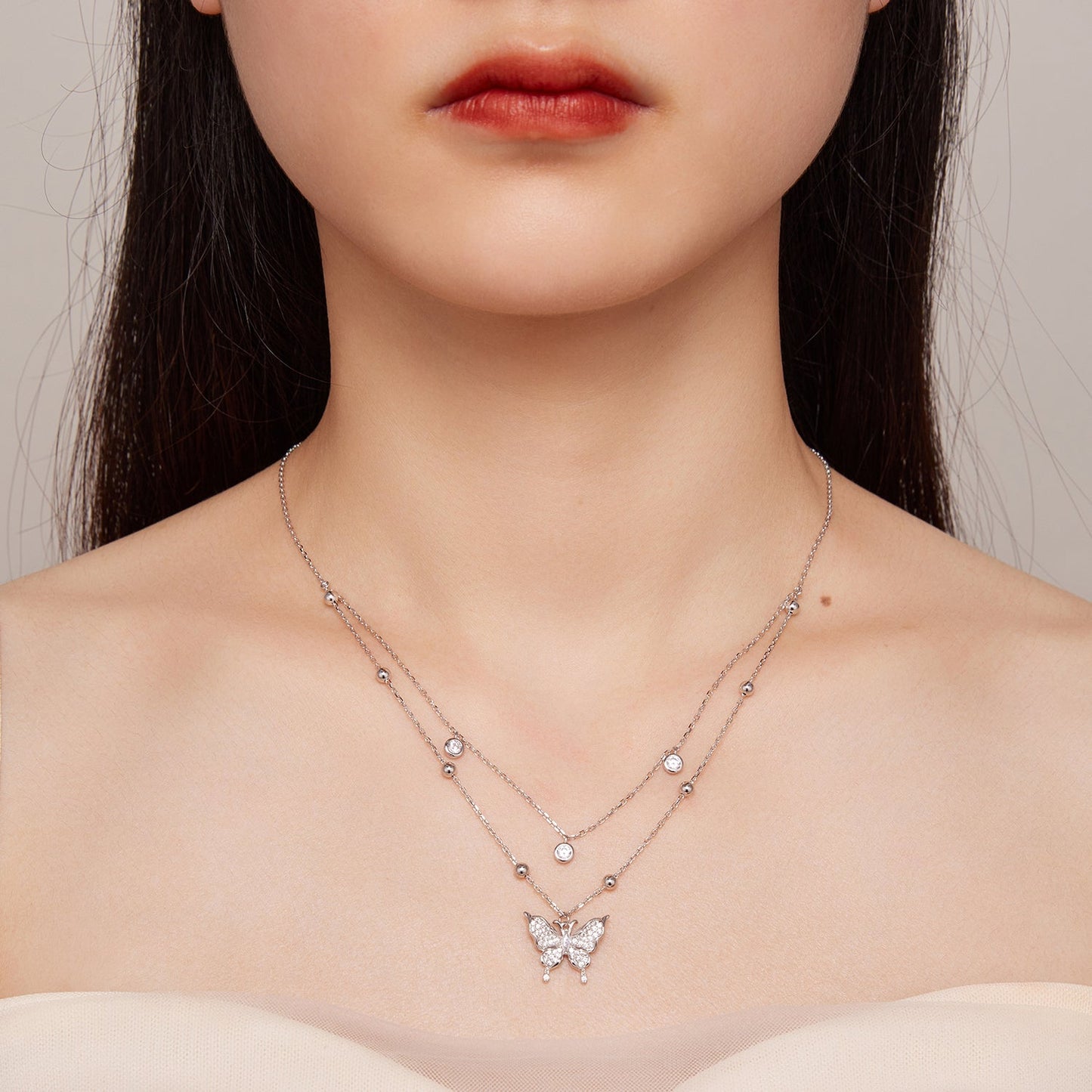 925 Sterling Silver Butterfly Necklace with Pavé Setting CZ, 40cm Length for Women