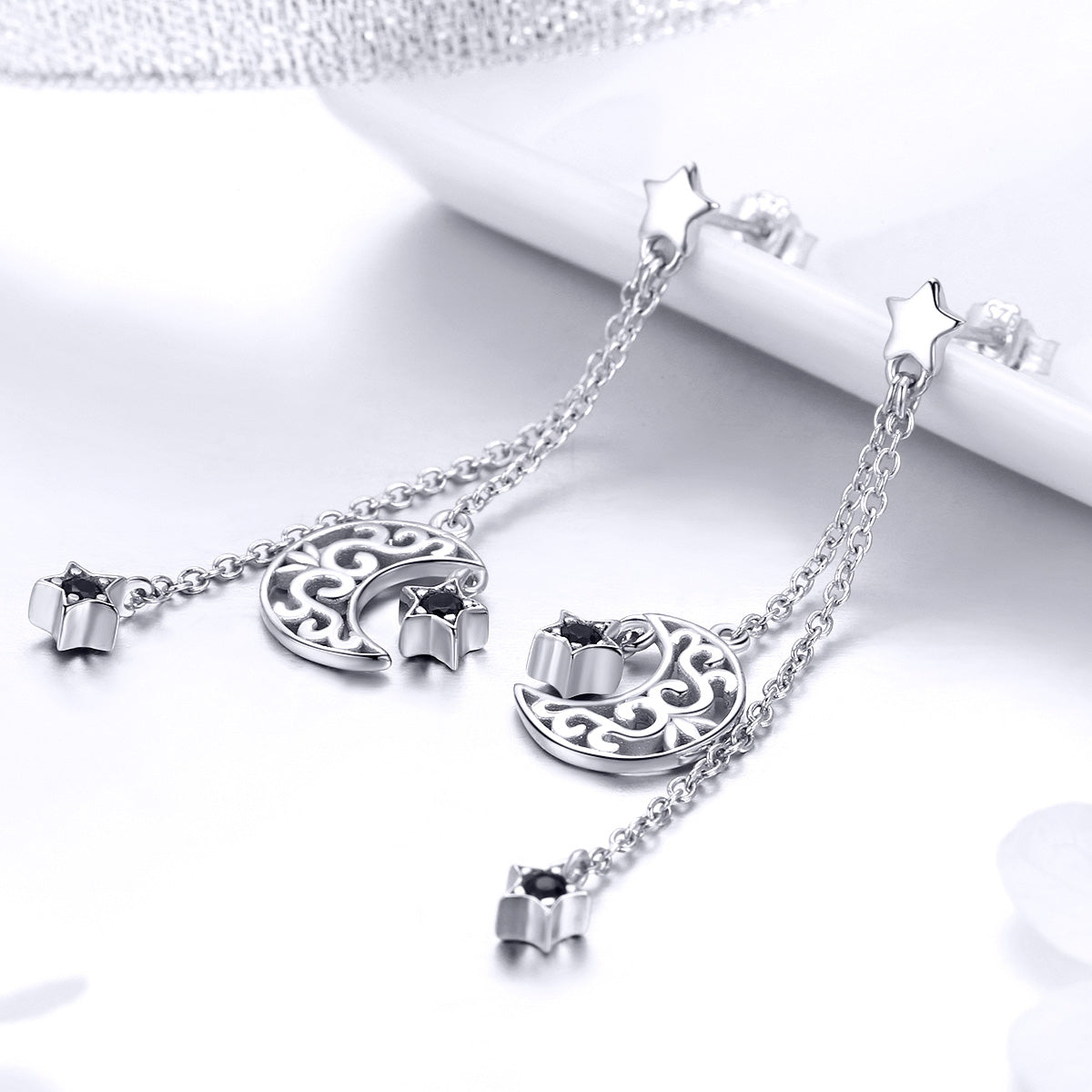 925 Sterling Silver Earrings with Plated Platinum and CZ - 4.4 x 1.0 cm for Women