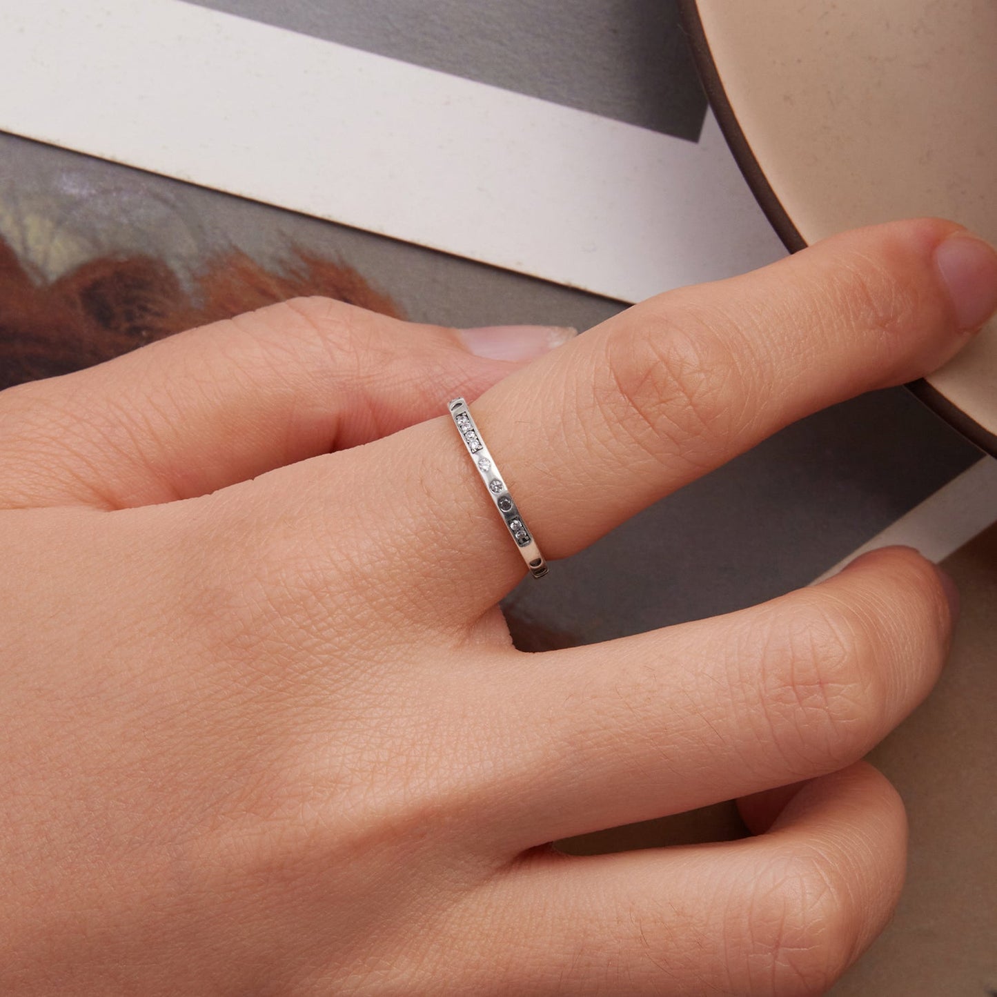 925 Sterling Silver Oxidized 0.18cm Wide Pavé Setting CZ Ring for Women - Size 6.0