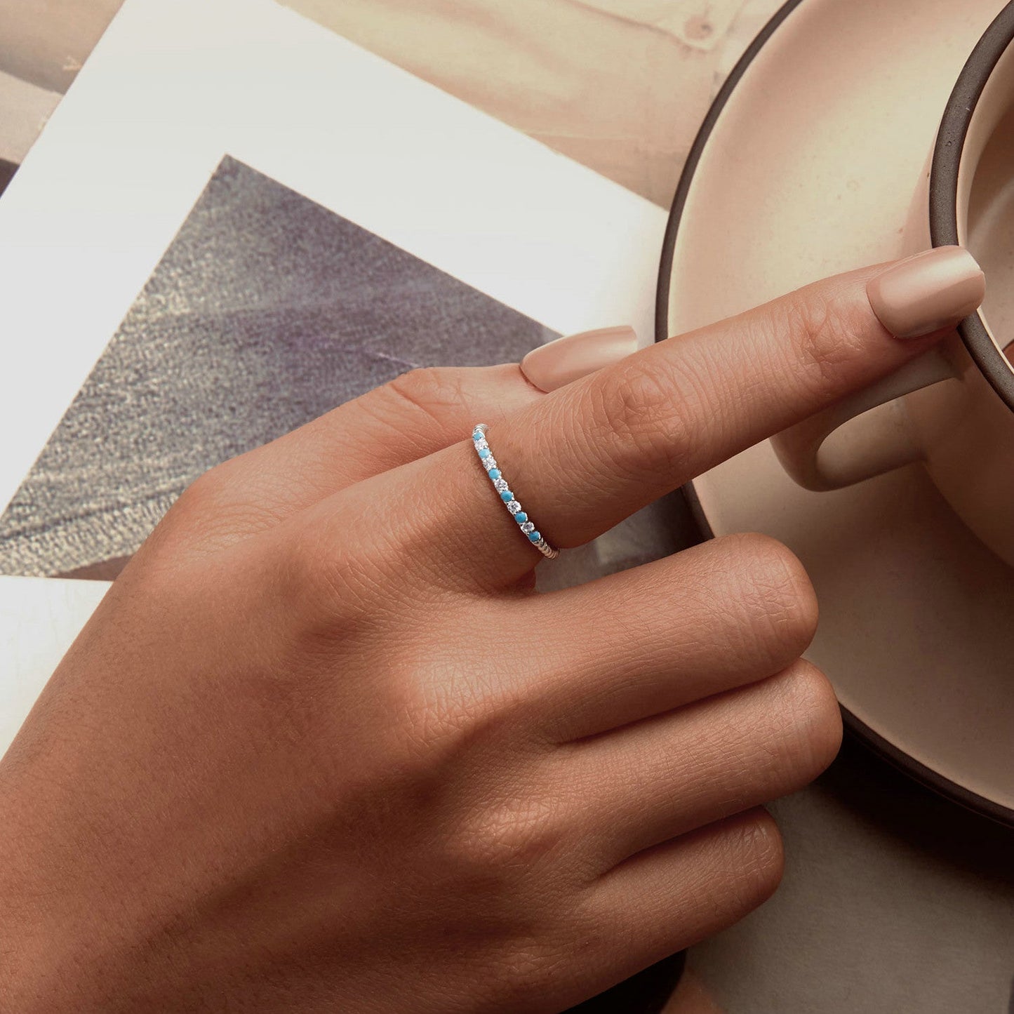 925 Sterling Silver White Gold Plated Turquoise Ring Size 6.0 for Women
