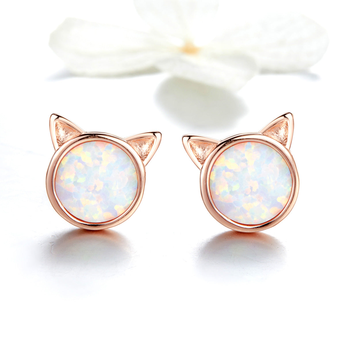 925 Sterling Silver Plated Rose Gold Opal Earrings 0.8cm for Women