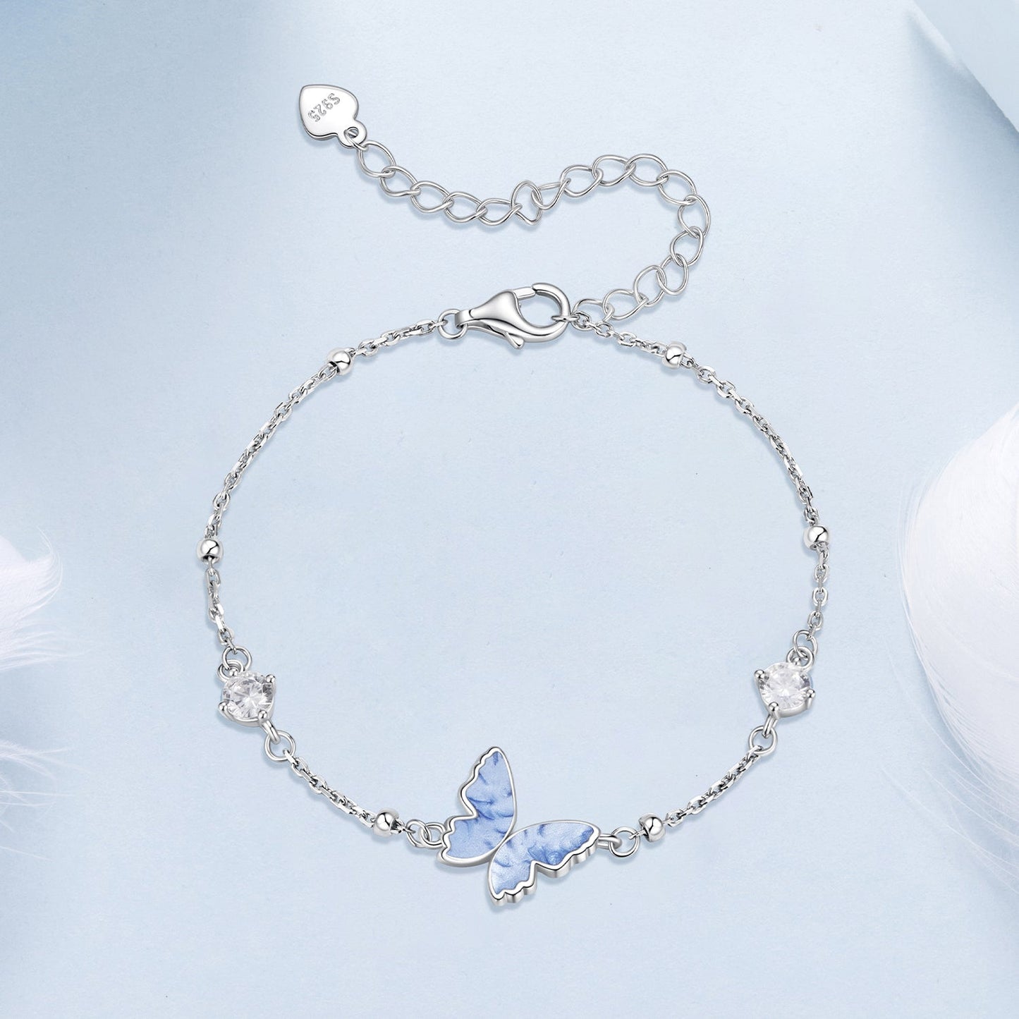 925 Sterling Silver White Gold Plated Bracelet with Enamel and CZ - 15+6cm Length