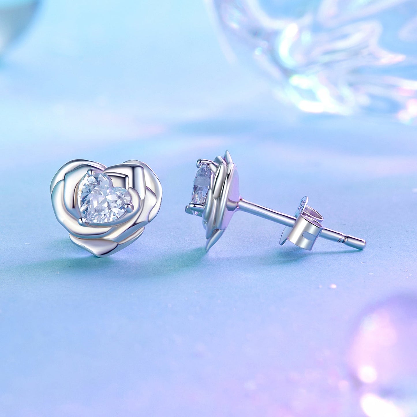 925 Sterling Silver Earrings with Pave Setting CZ and White Gold Plating
