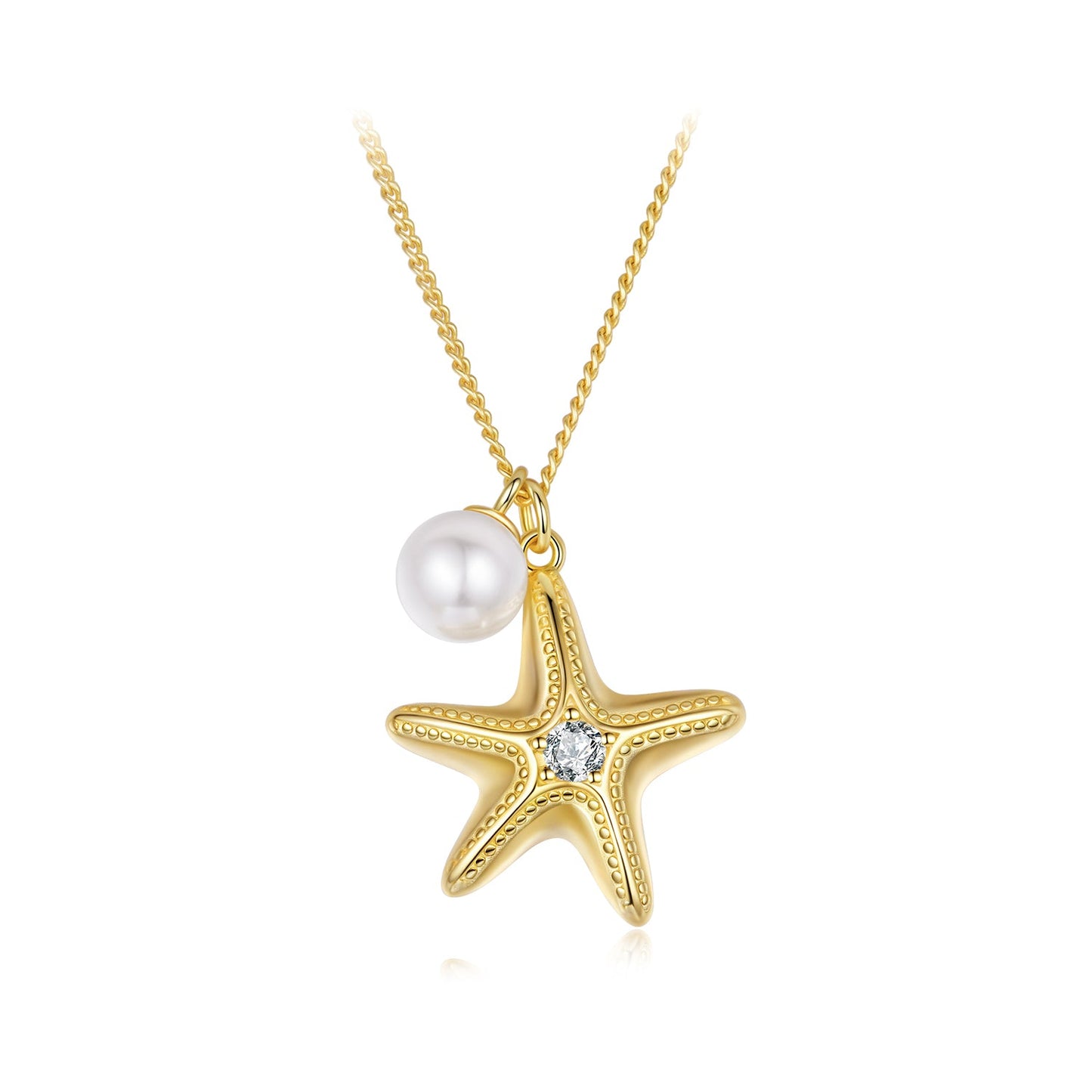 925 Sterling Silver Necklace with Gold Plating, 40+5cm, Featuring Synthetic Pearl & CZ for Women