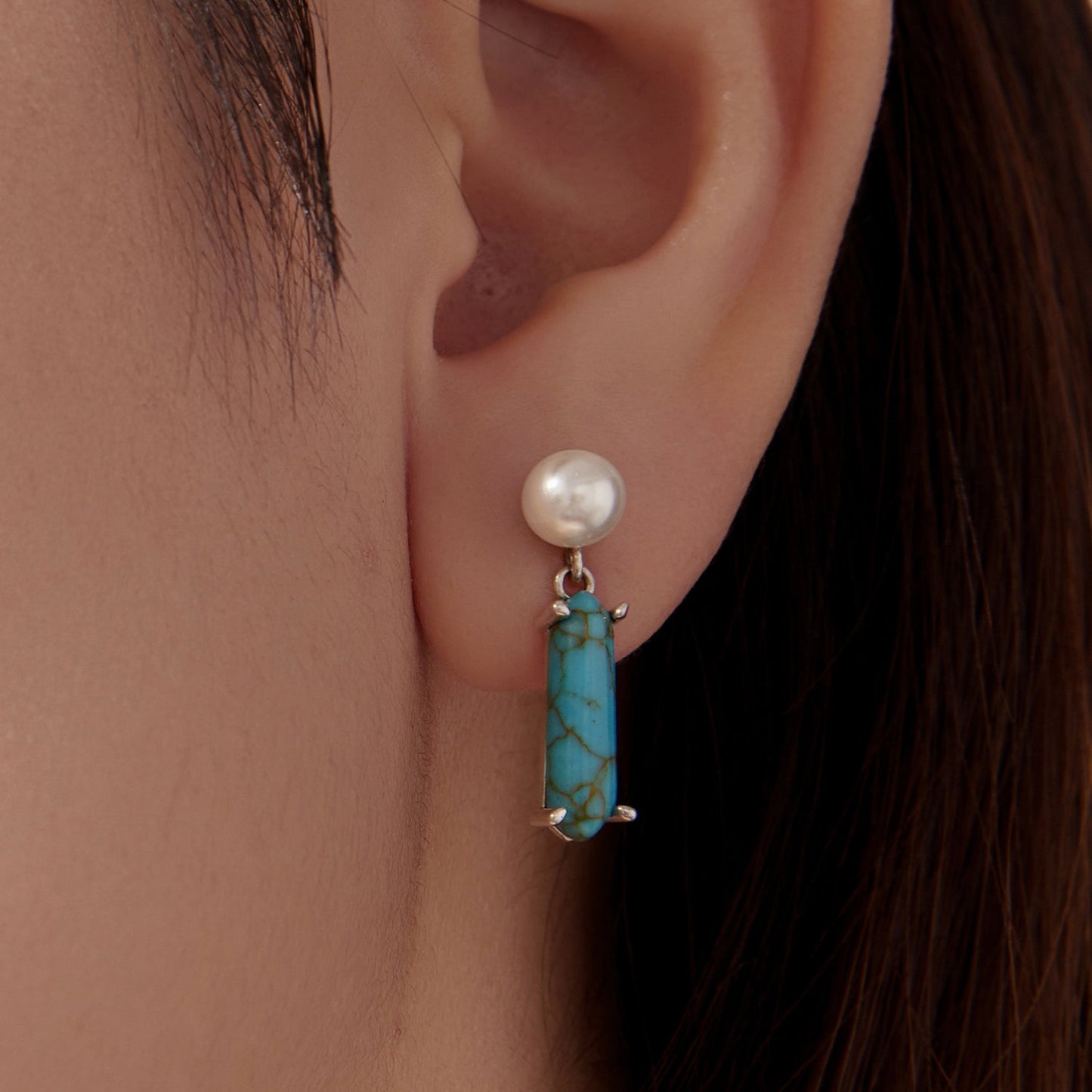 925 Sterling Silver Earrings with Synthetic Turquoise and Pearl, 2.4*0.6cm for Women