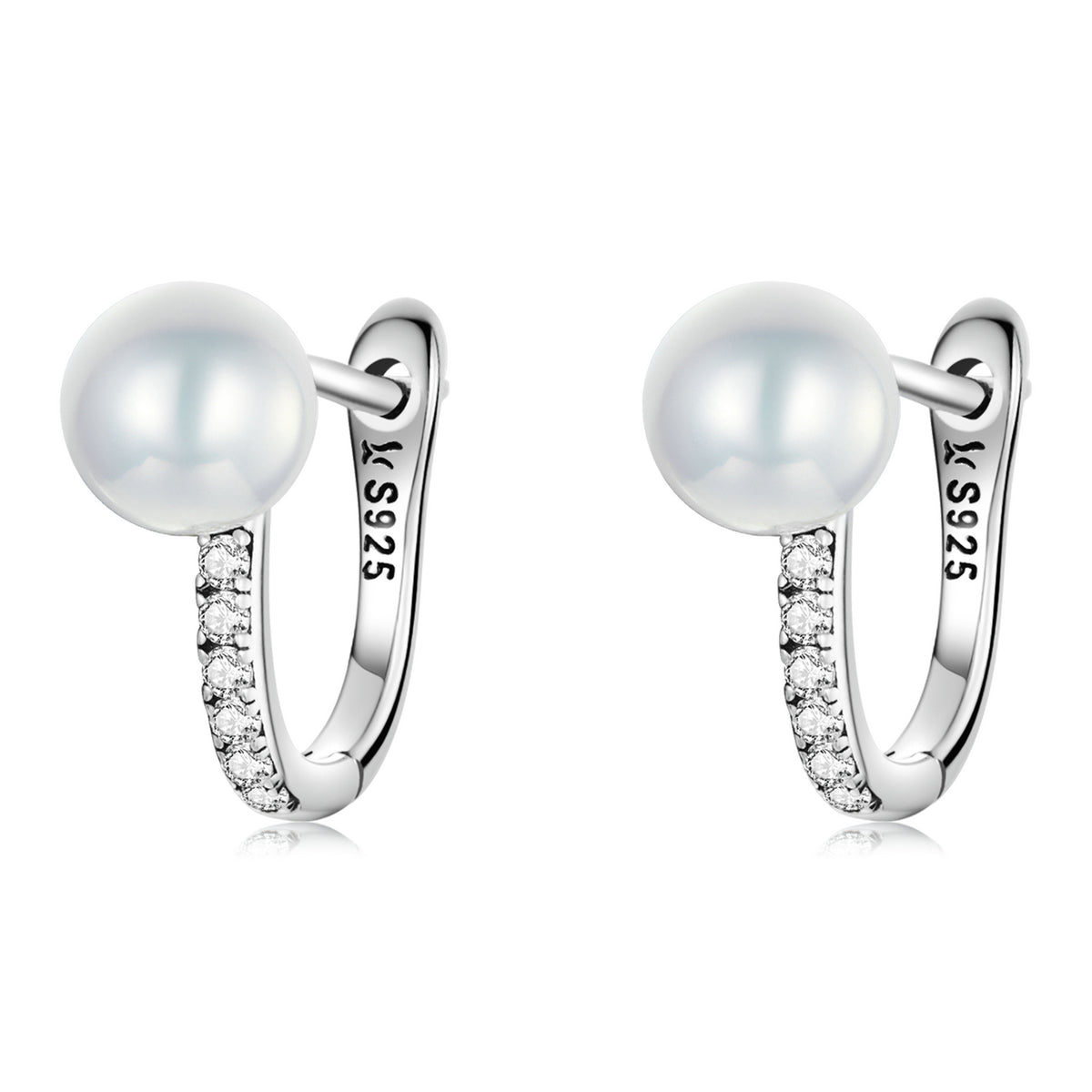 925 Sterling Silver Earrings with Pavé Setting CZ and Shell Pearl, 1.4*0.6cm for Women