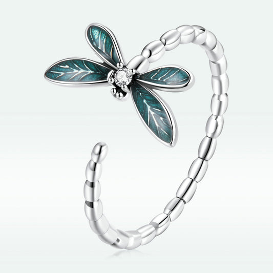 925 Sterling Silver Dragonfly Ring with Enamel & CZ for Women