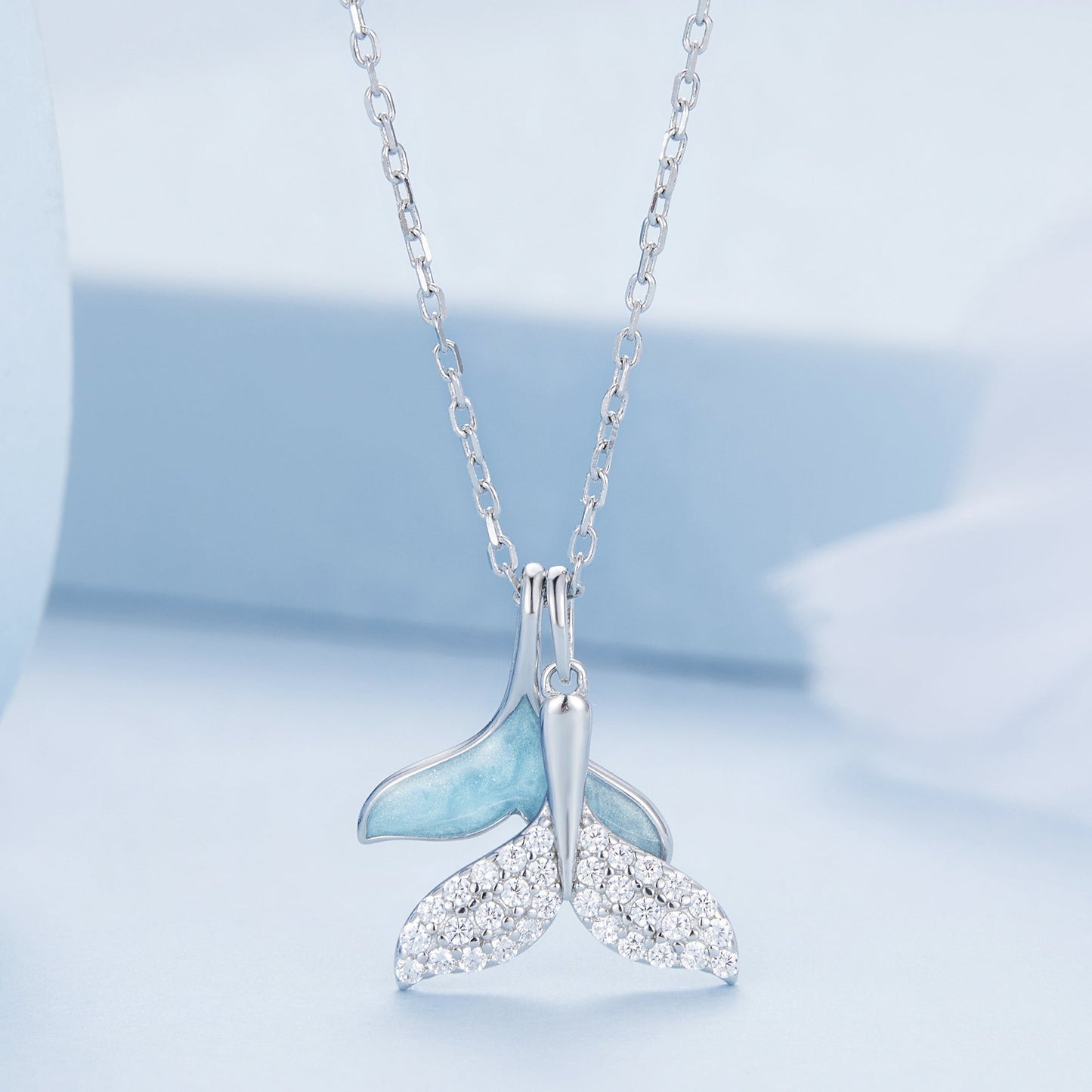 925 Sterling Silver Necklace with CZ & Enamel - 40+5cm Length, Fishtail Design for Women