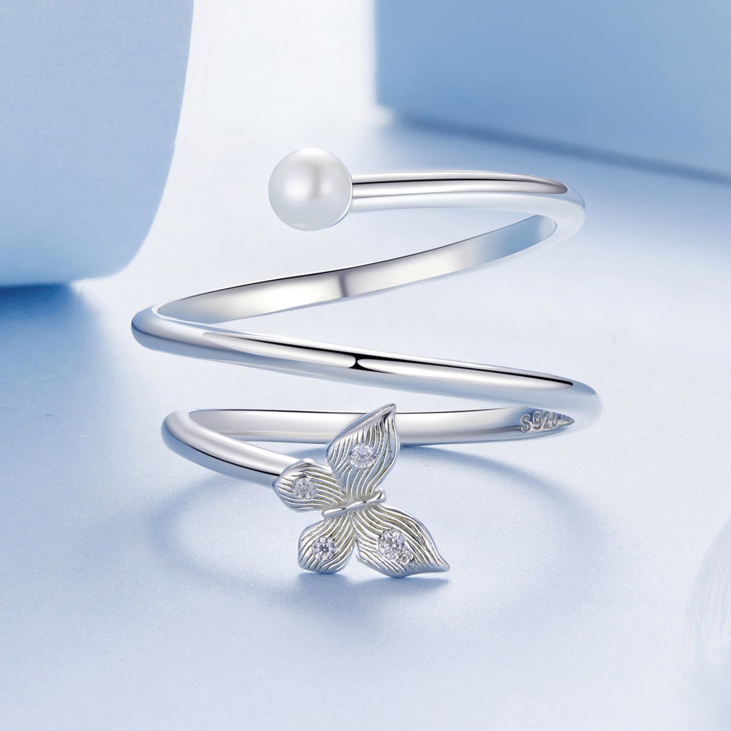 925 Sterling Silver & White Gold Plated Pave Setting CZ & Natural Pearl Ring for Women