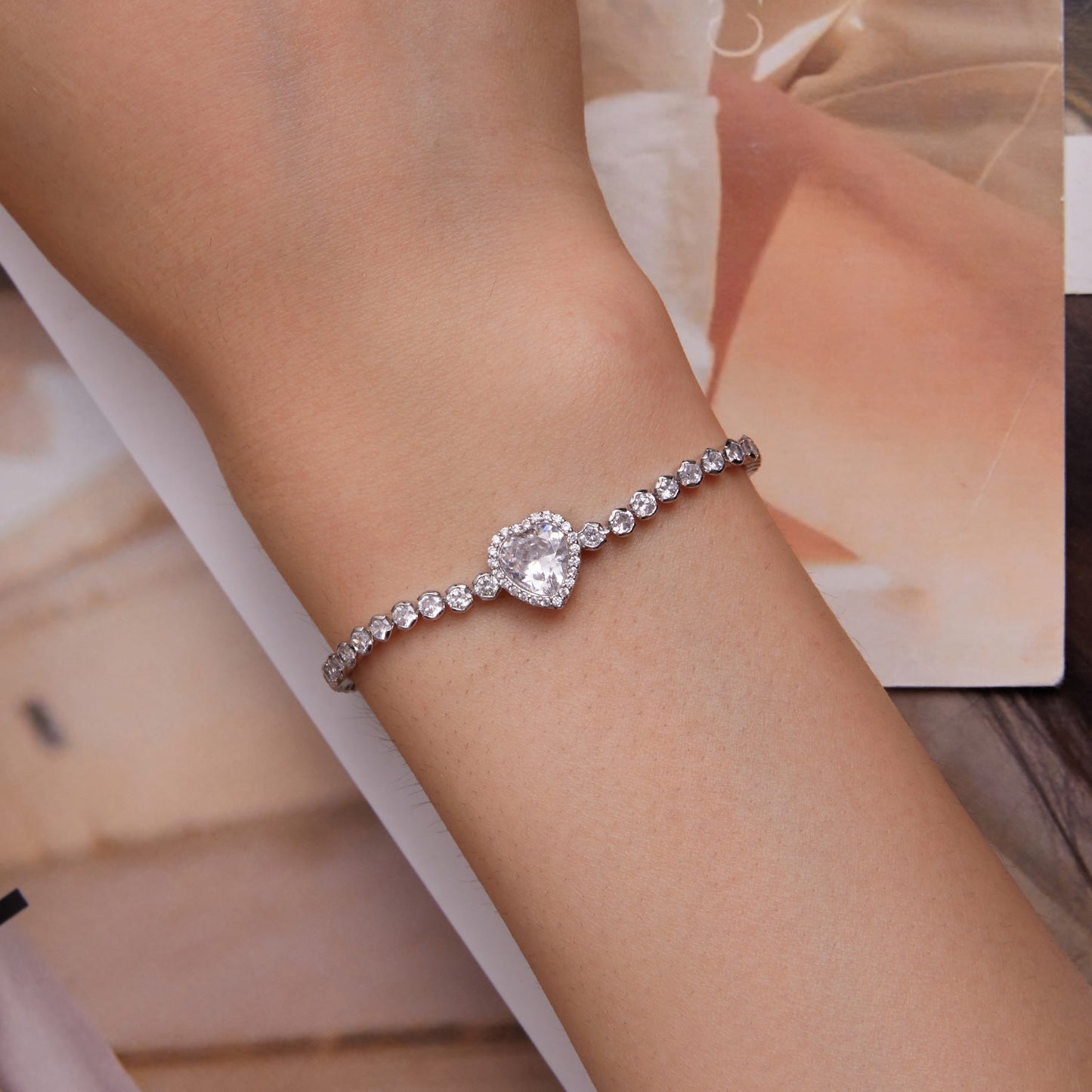 925 Sterling Silver Bracelet with CZ Zircon, 15+6.5cm, Platinum Plated for Women