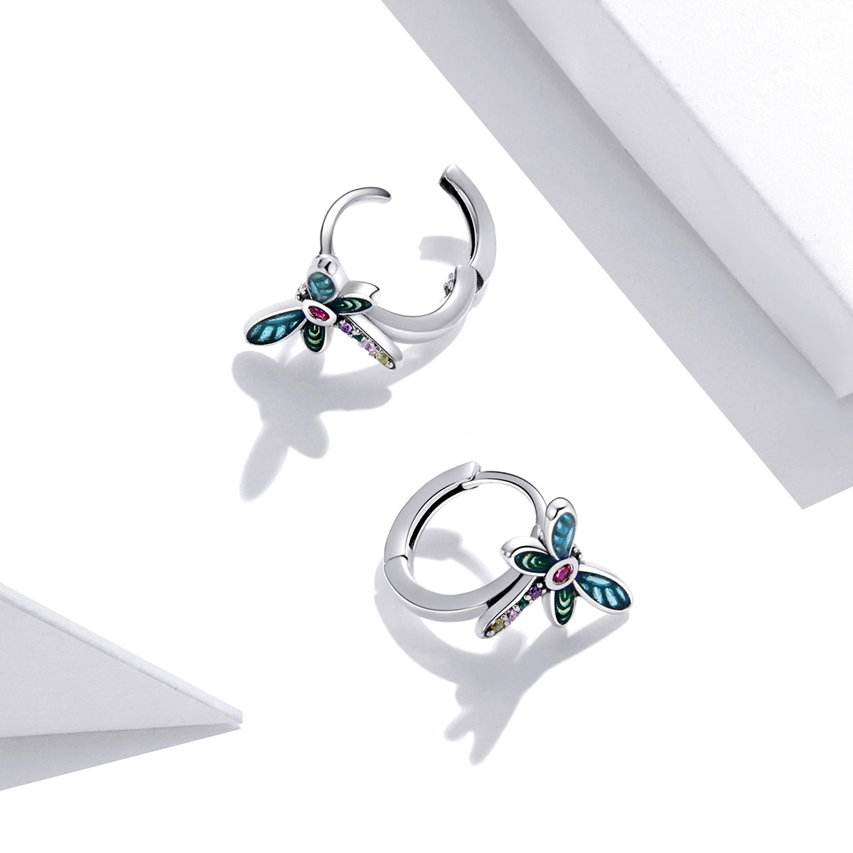925 Sterling Silver Dragonfly Earrings with CZ and Enamel - 0.9 cm for Women