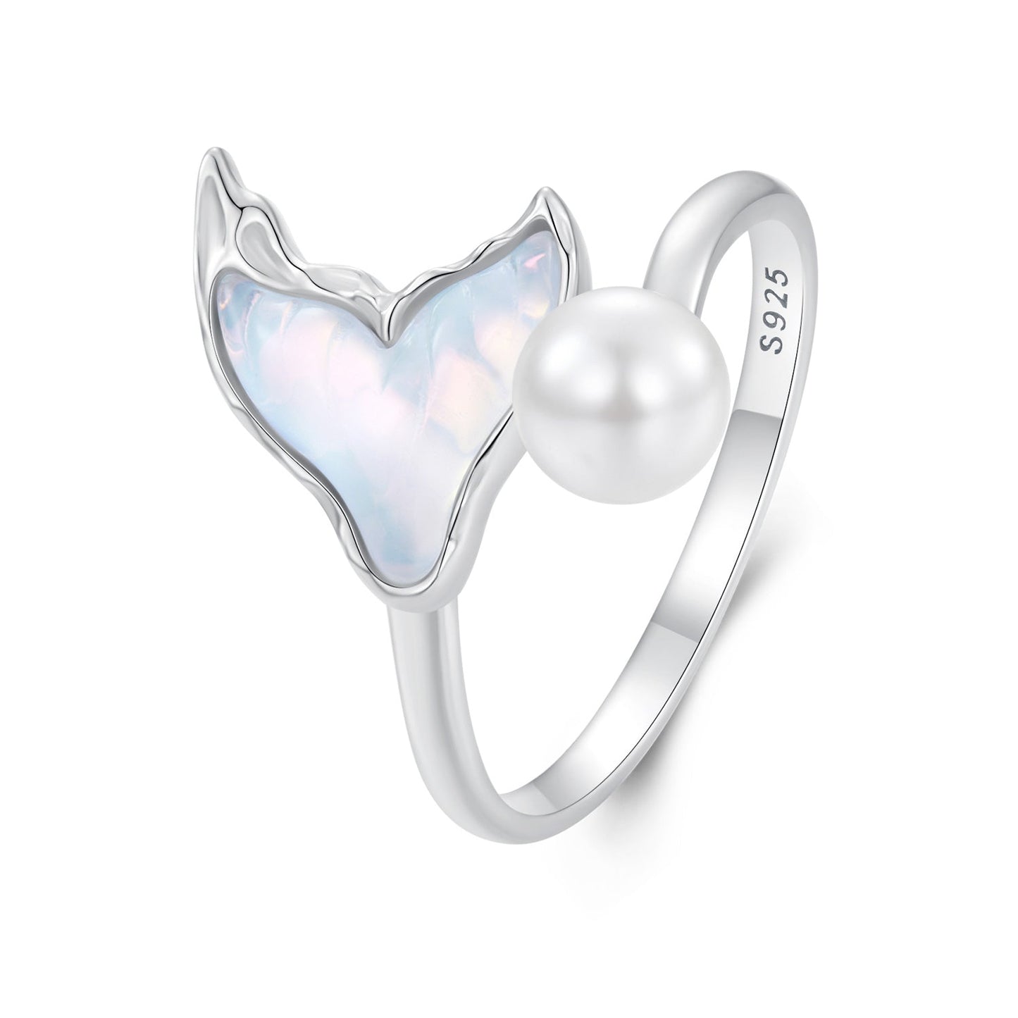925 Sterling Silver Ring with Shell Pearl and Transparent Glass