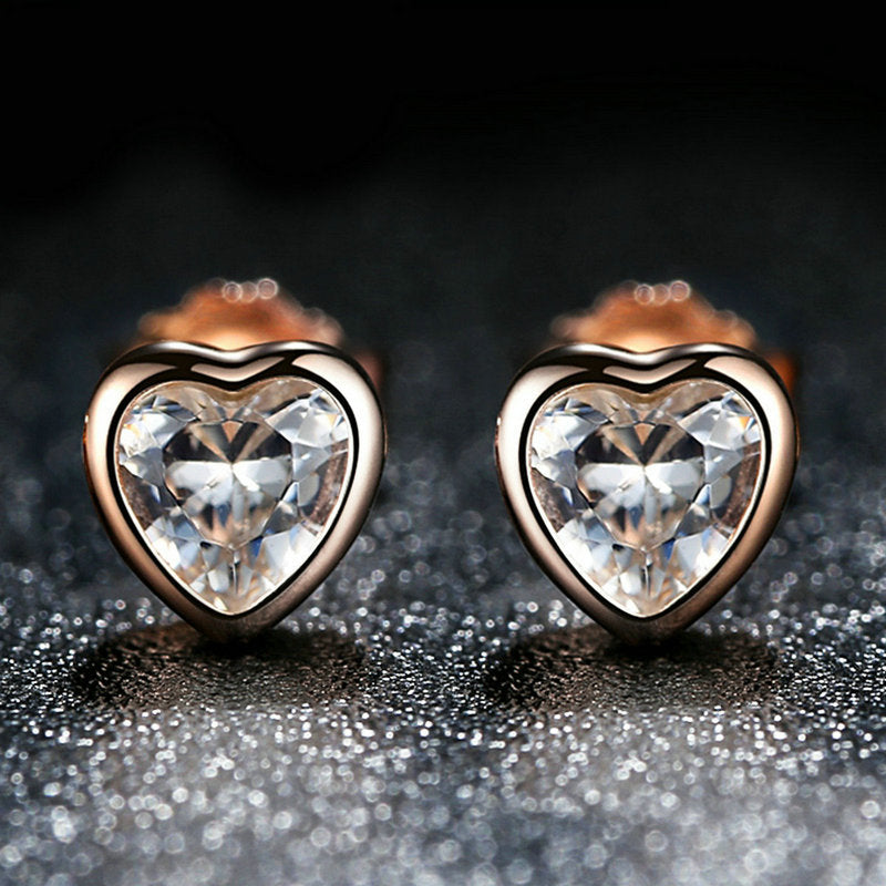 925 Sterling Silver Heart Shaped CZ Earrings with Rose Gold Plating for Women
