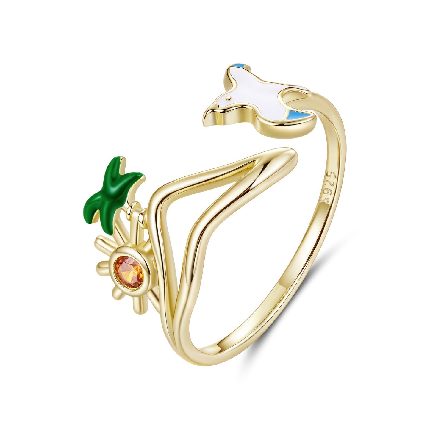 925 Sterling Silver Enamel Pavé Setting CZ Gold Plated Ring for Women