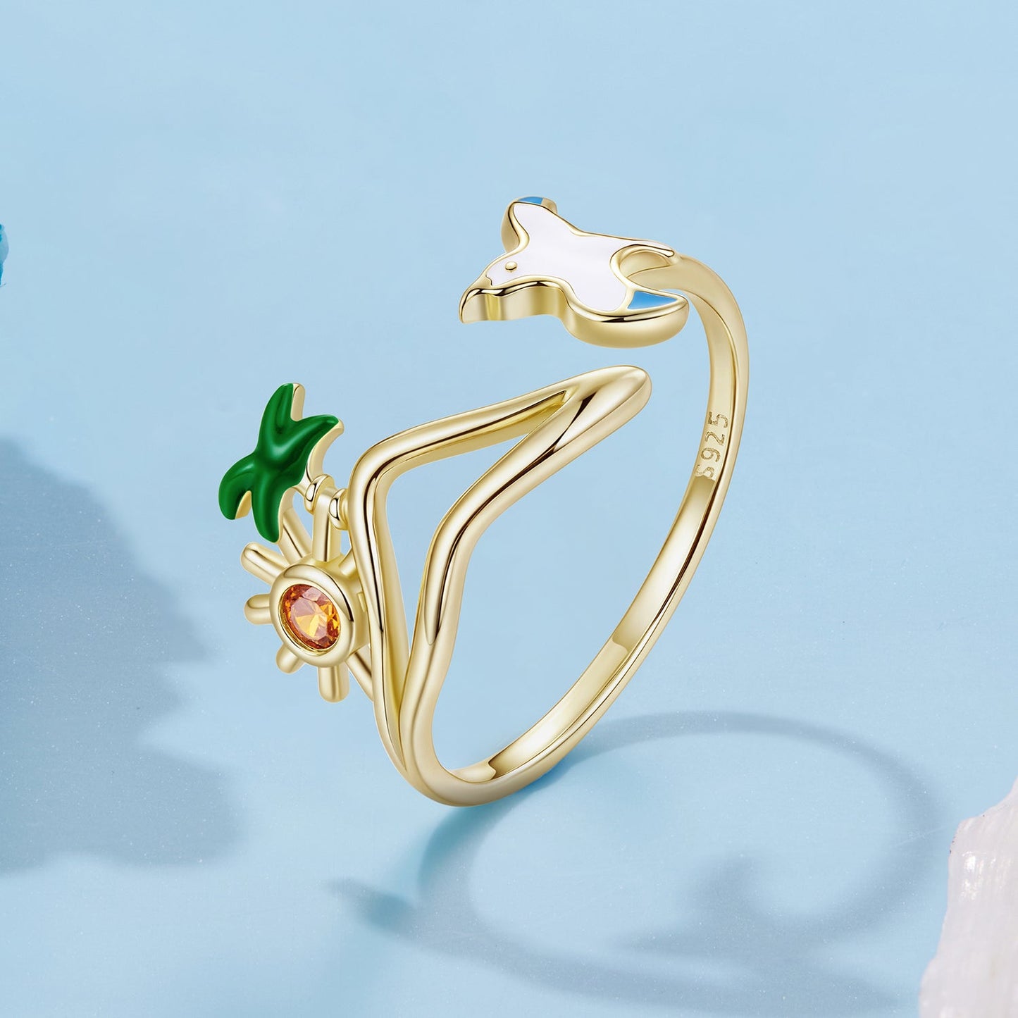 925 Sterling Silver Enamel Pavé Setting CZ Gold Plated Ring for Women