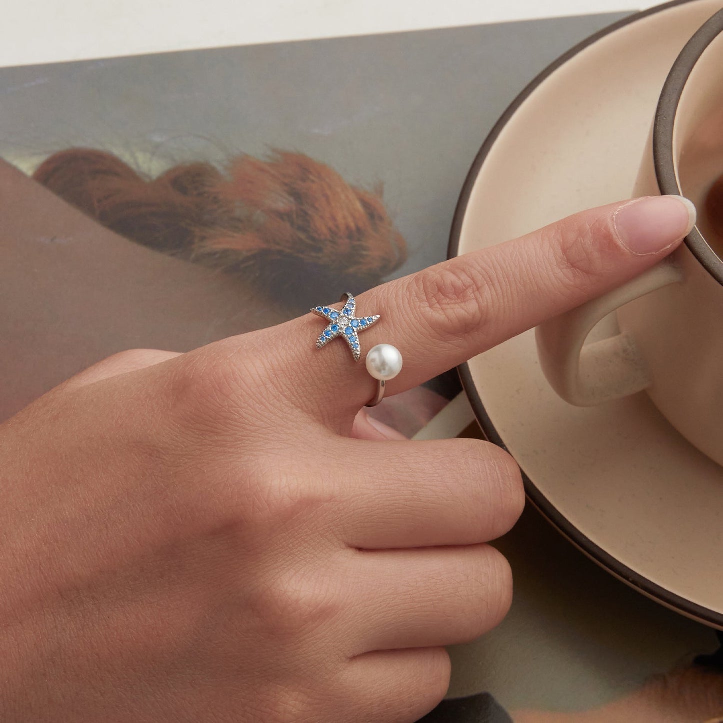 925 Sterling Silver White Gold Plated Quality Shell Pearl Starfish Ring for Women