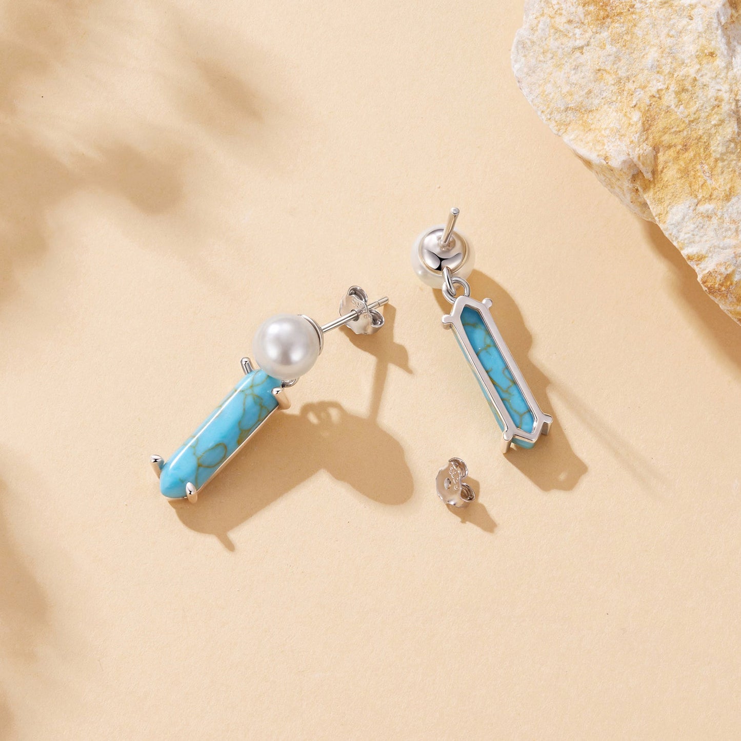 925 Sterling Silver Earrings with Synthetic Turquoise and Pearl, 2.4*0.6cm for Women
