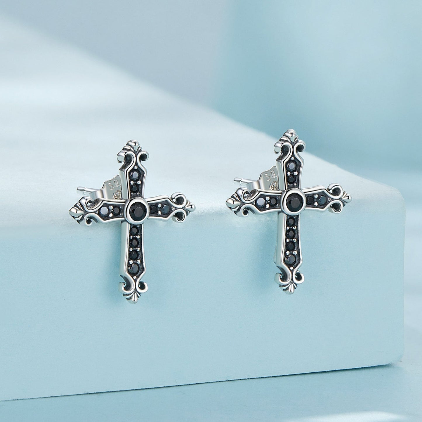 925 Sterling Silver Earrings with Pavé Setting CZ in Oxidized Silver, 15x12mm for Women