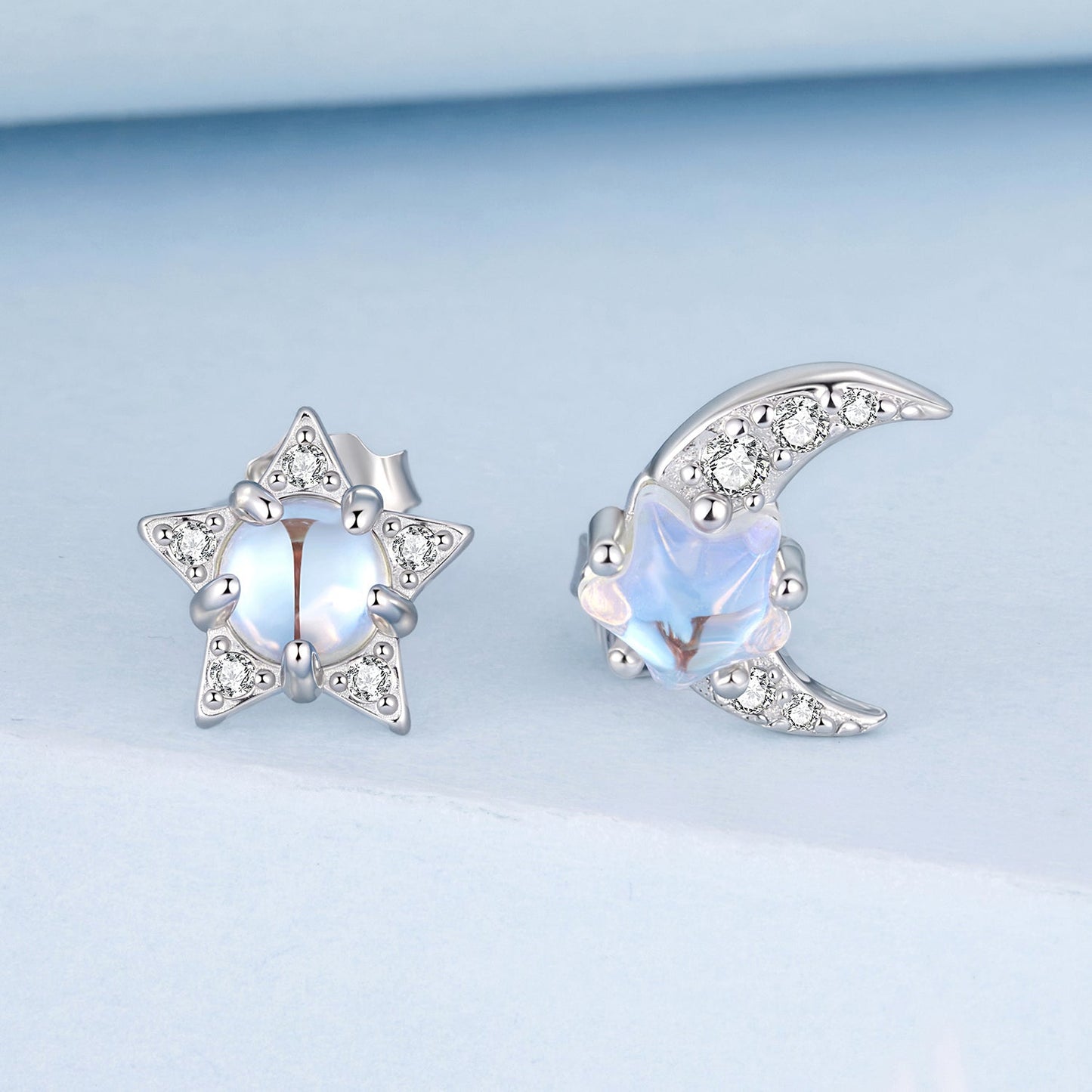 925 Sterling Silver White Gold Plated Moonstone & CZ Earrings