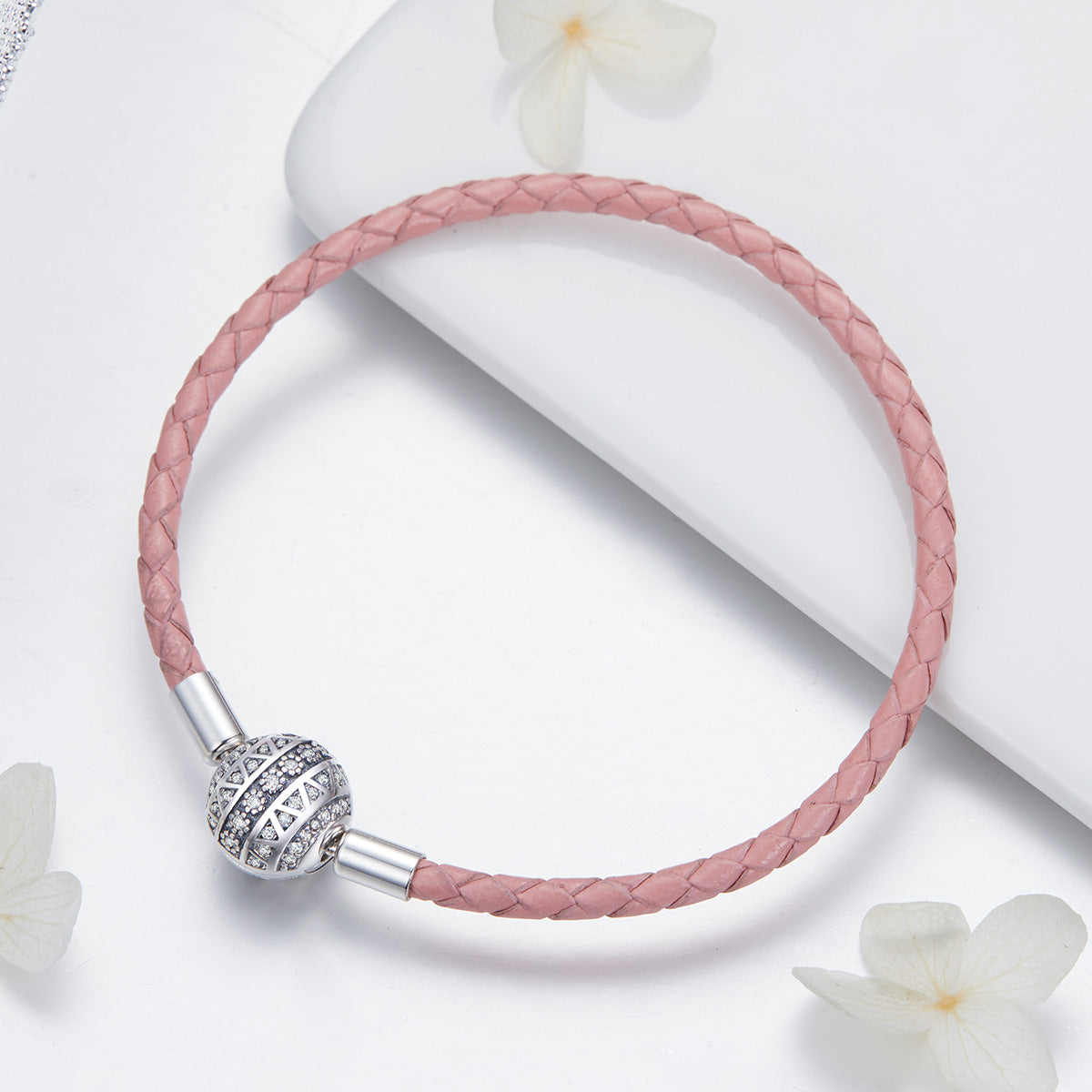 925 Sterling Silver Pavé Setting CZ Bracelet with Genuine Leather for Women
