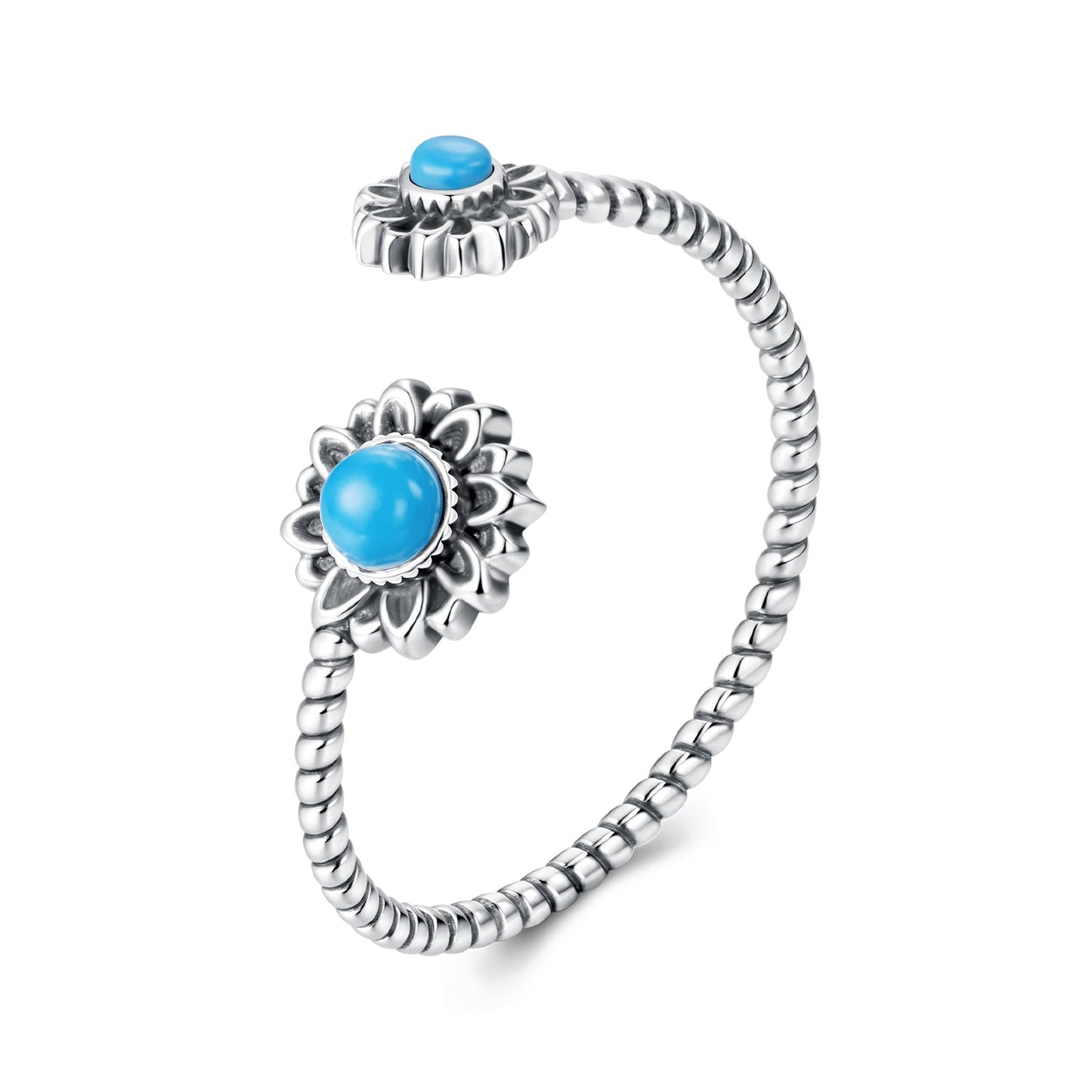 925 Sterling Silver Synthetic Turquoise Ring for Women - Oxidized Silver, Width: 0.12cm, Size: 0.5-0.7cm