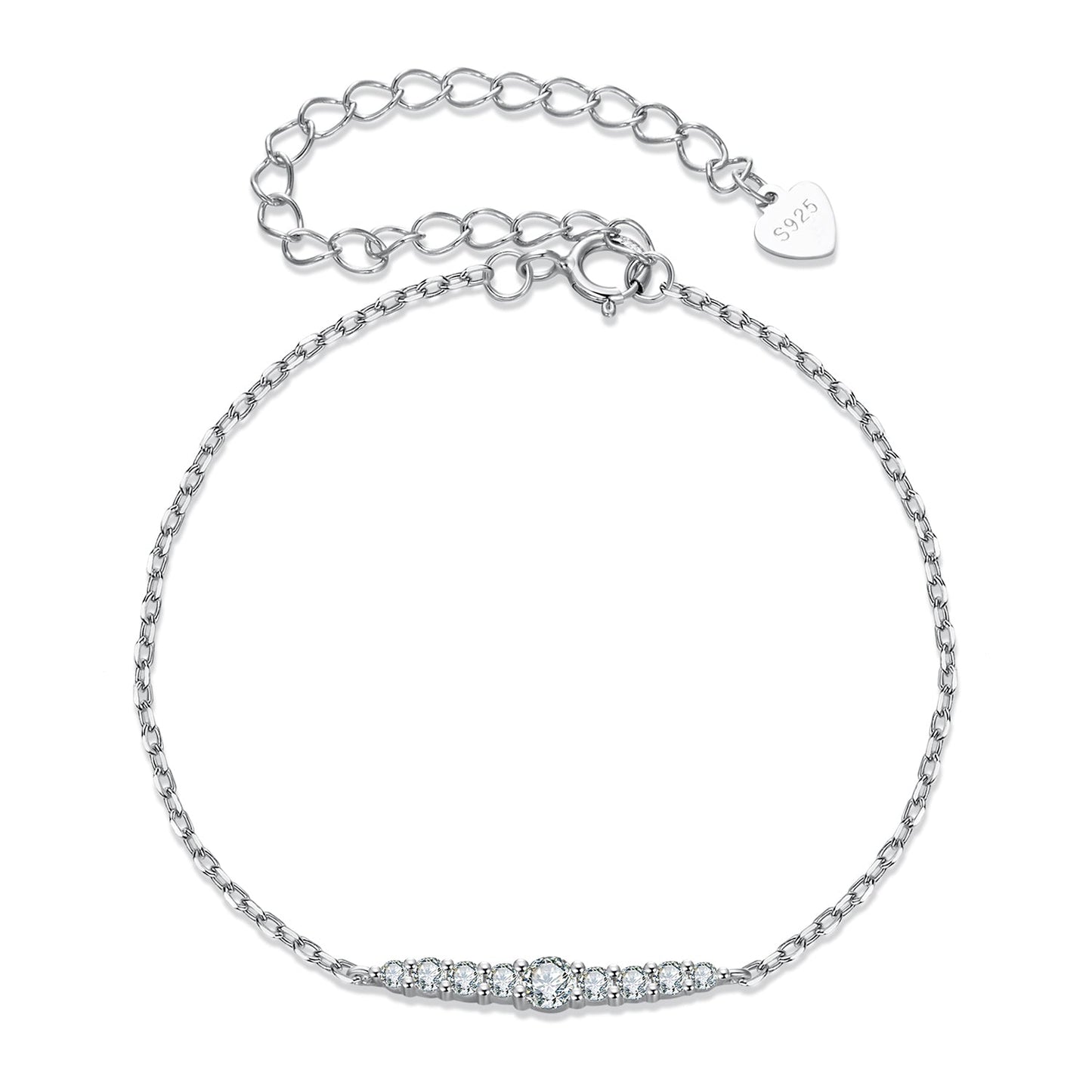 925 Sterling Silver Moissanite Bracelet for Women, Plated White Gold, 15+6cm