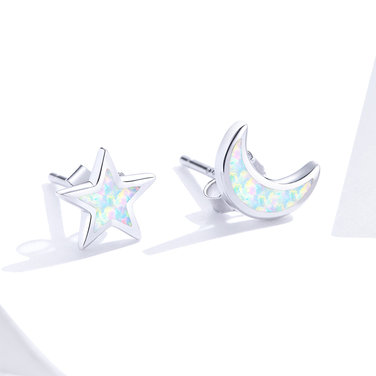 925 Sterling Silver Opal Earrings for Women - Star & Moon Design