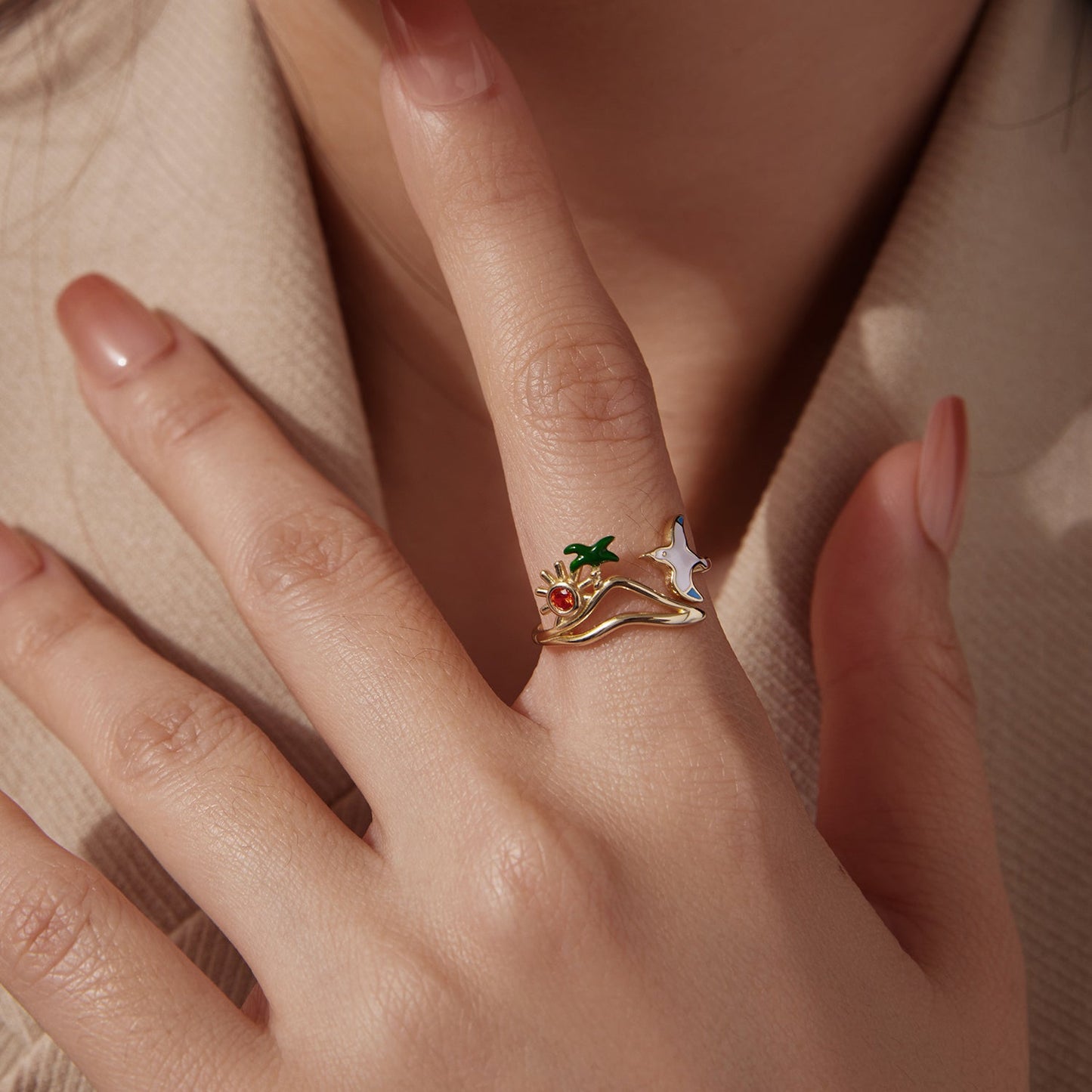 925 Sterling Silver Enamel Pavé Setting CZ Gold Plated Ring for Women