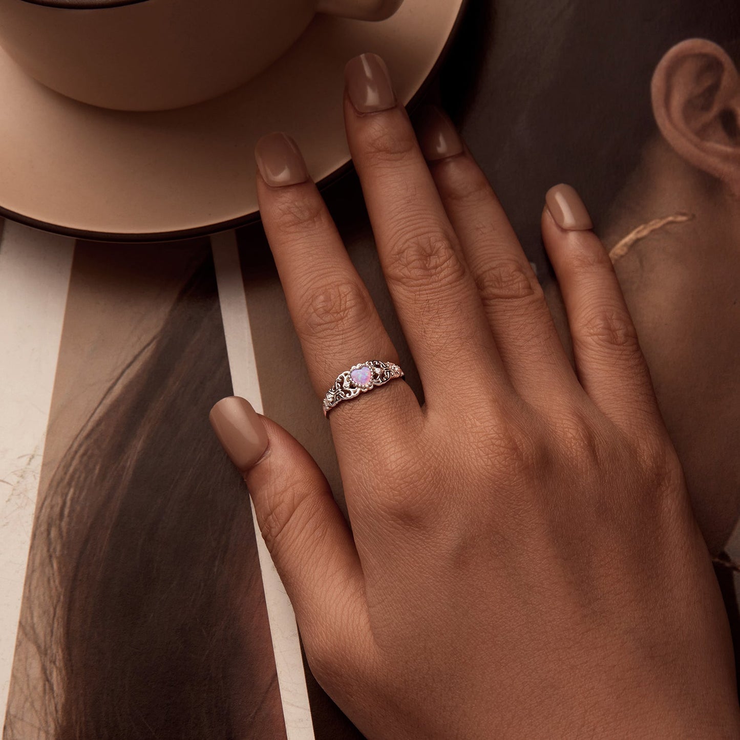 925 Sterling Silver Opal and CZ Stackable Ring in Size 6 for Women
