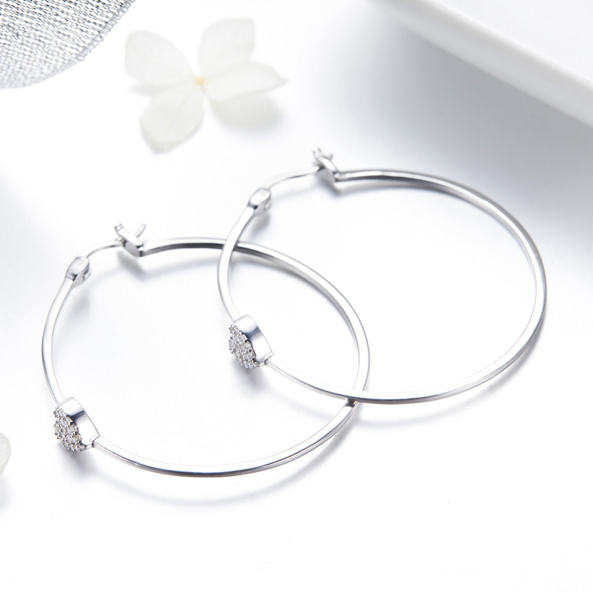 925 Sterling Silver Earrings with CZ, Size 3.8*0.6cm, Women's Jewelry