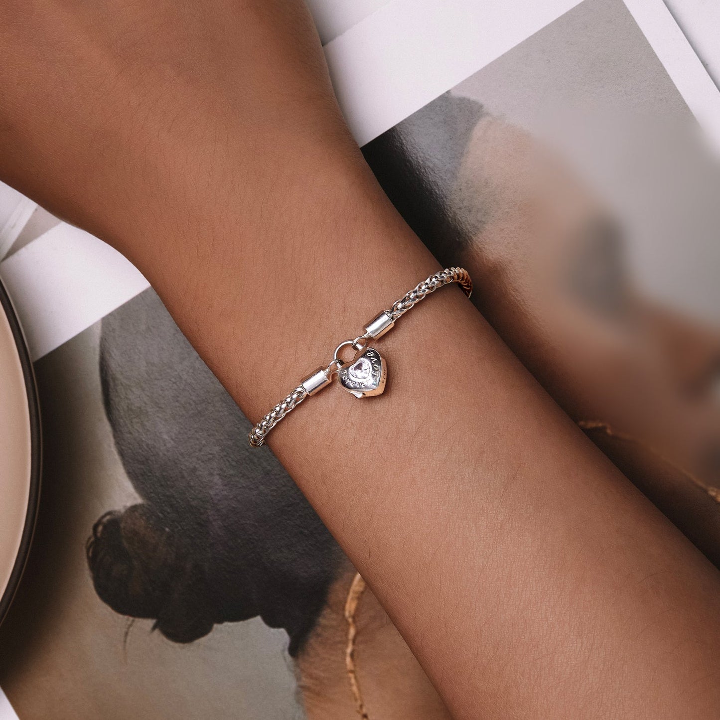 925 Sterling Silver Bracelet with CZ in Pavé Setting, 17.0 Size, Platinum Plated for Women