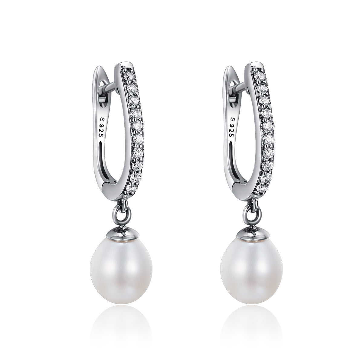 925 Sterling Silver Freshwater Pearl Earrings with Pavé Setting CZ for Women