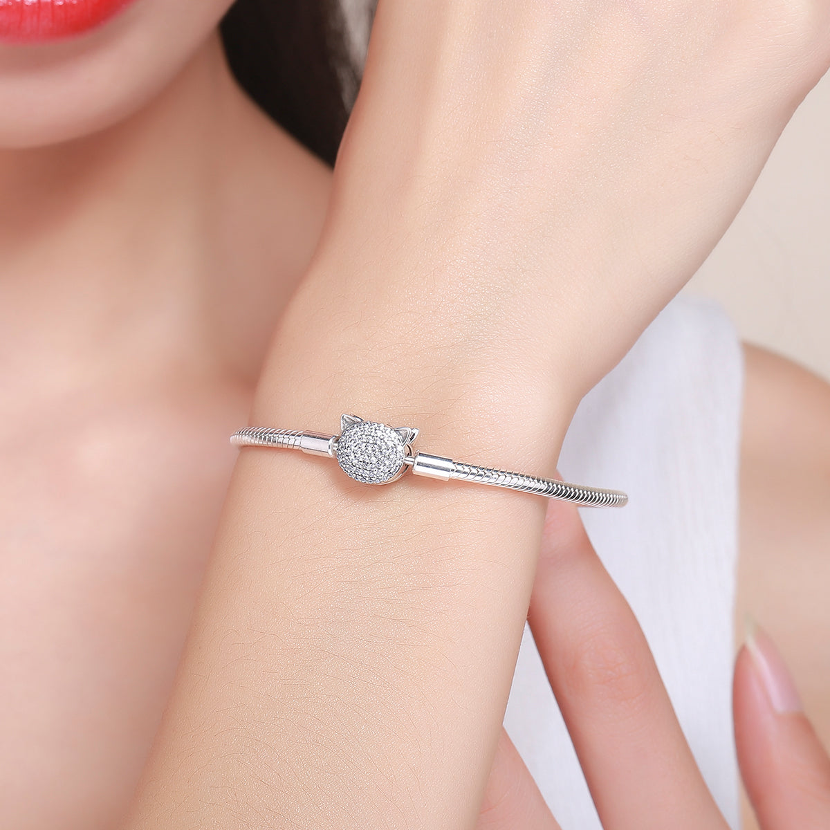 925 Sterling Silver Bracelet with Cat Head Charm, 17cm for Women