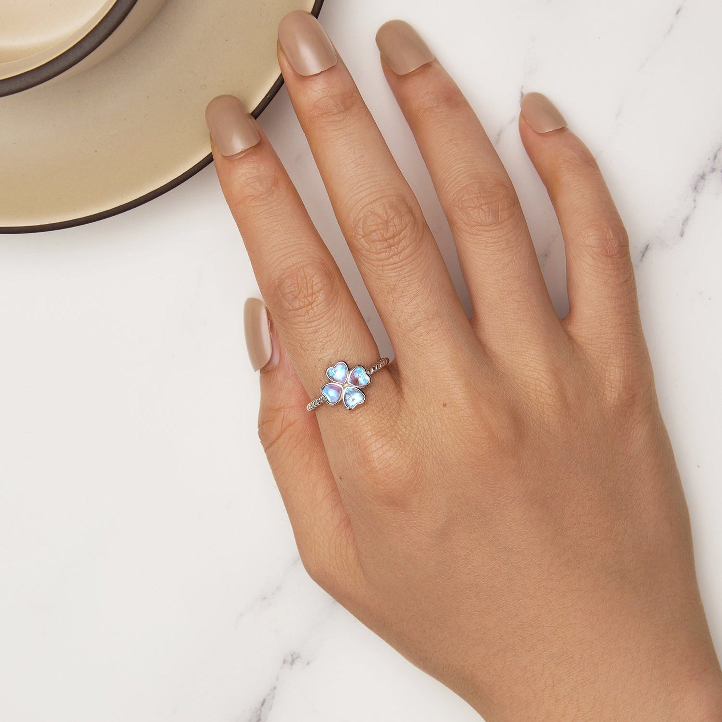 925 Sterling Silver Moonstone Clover Ring for Women