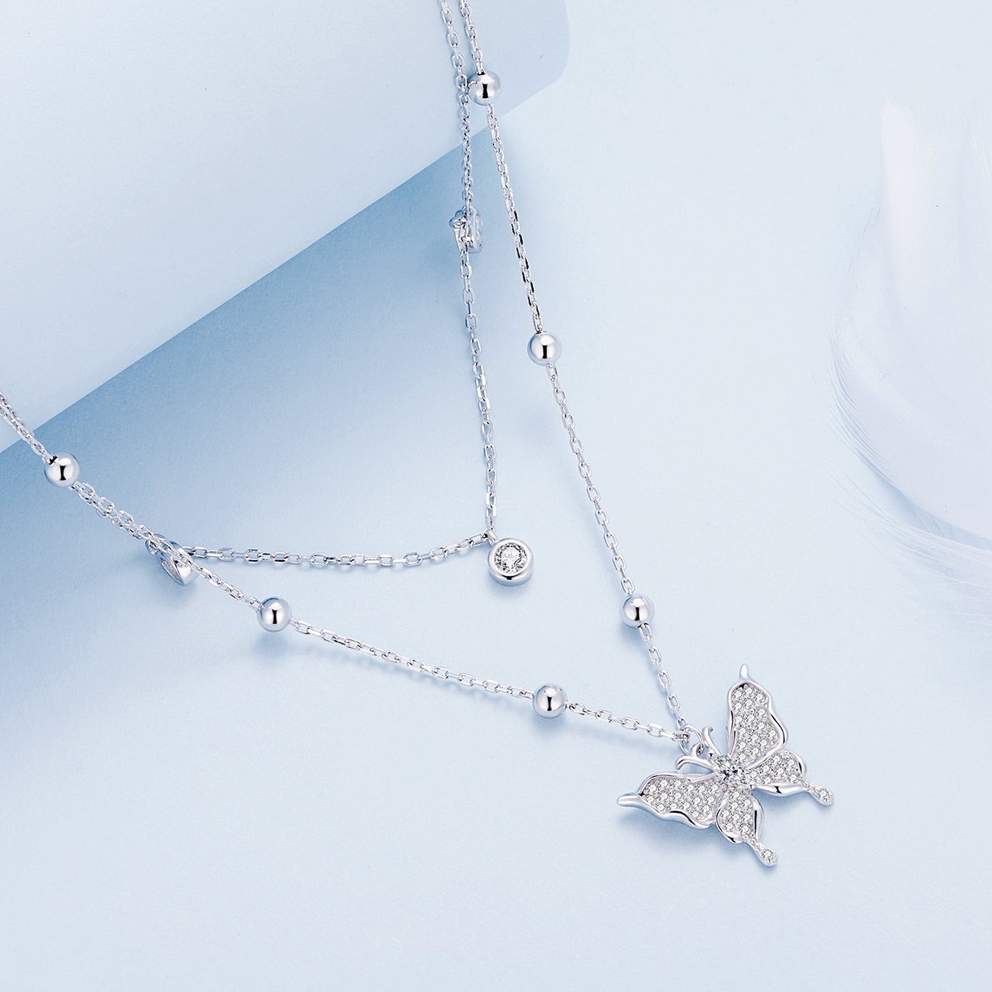 925 Sterling Silver Butterfly Necklace with Pavé Setting CZ, 40cm Length for Women